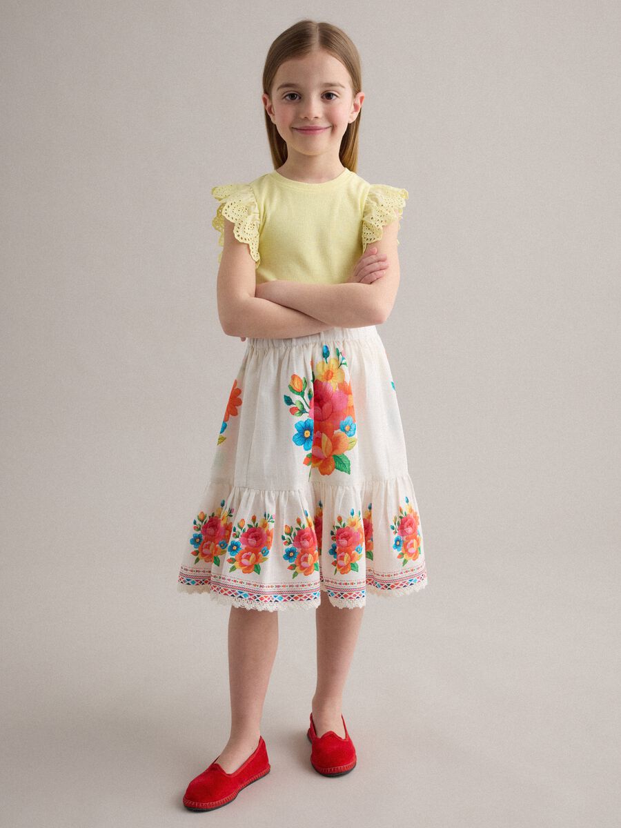 White pure cotton skirt with floral print_0
