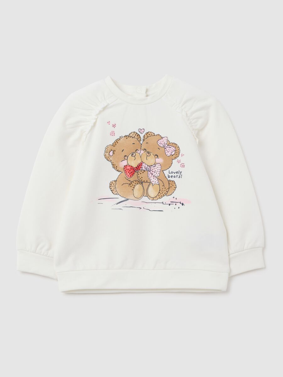 Felpa da bambina in cotone elasticizzato bianca regular fit con orsacchiotti_0