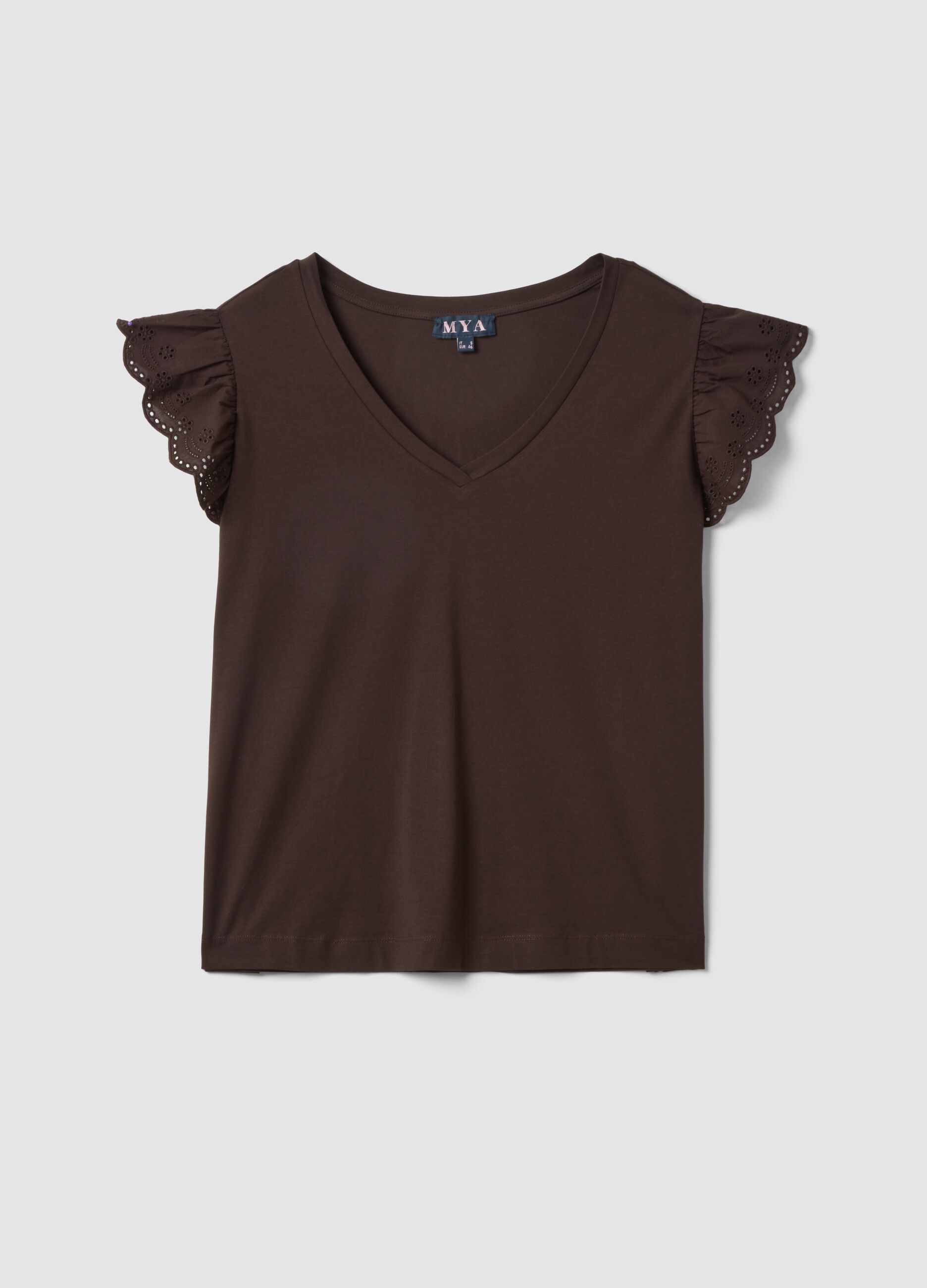 Brown stretch cotton T-shirt with ruffle sleeves, regular fit