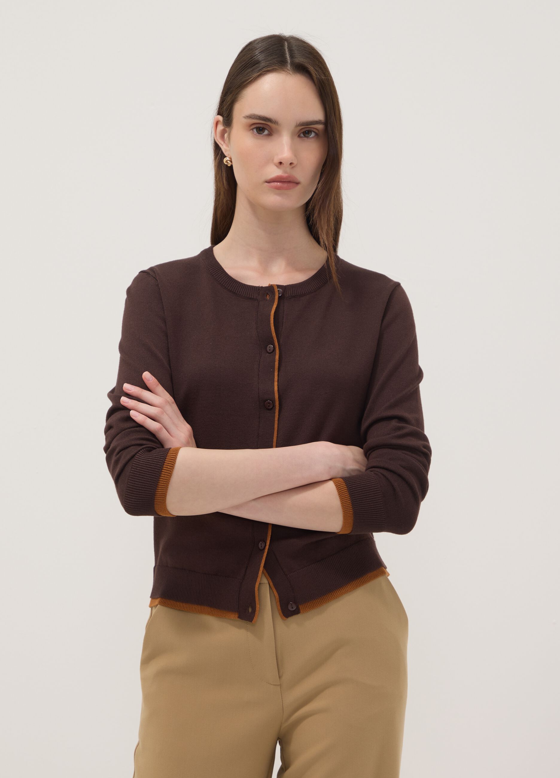 Brown long-sleeved viscose-blend cardigan