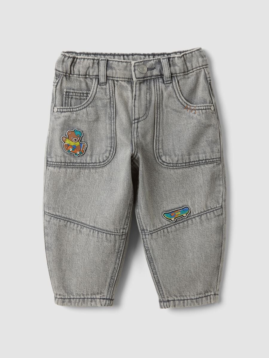 Grey baggy-fit pure cotton jeans with prints for baby boy_0