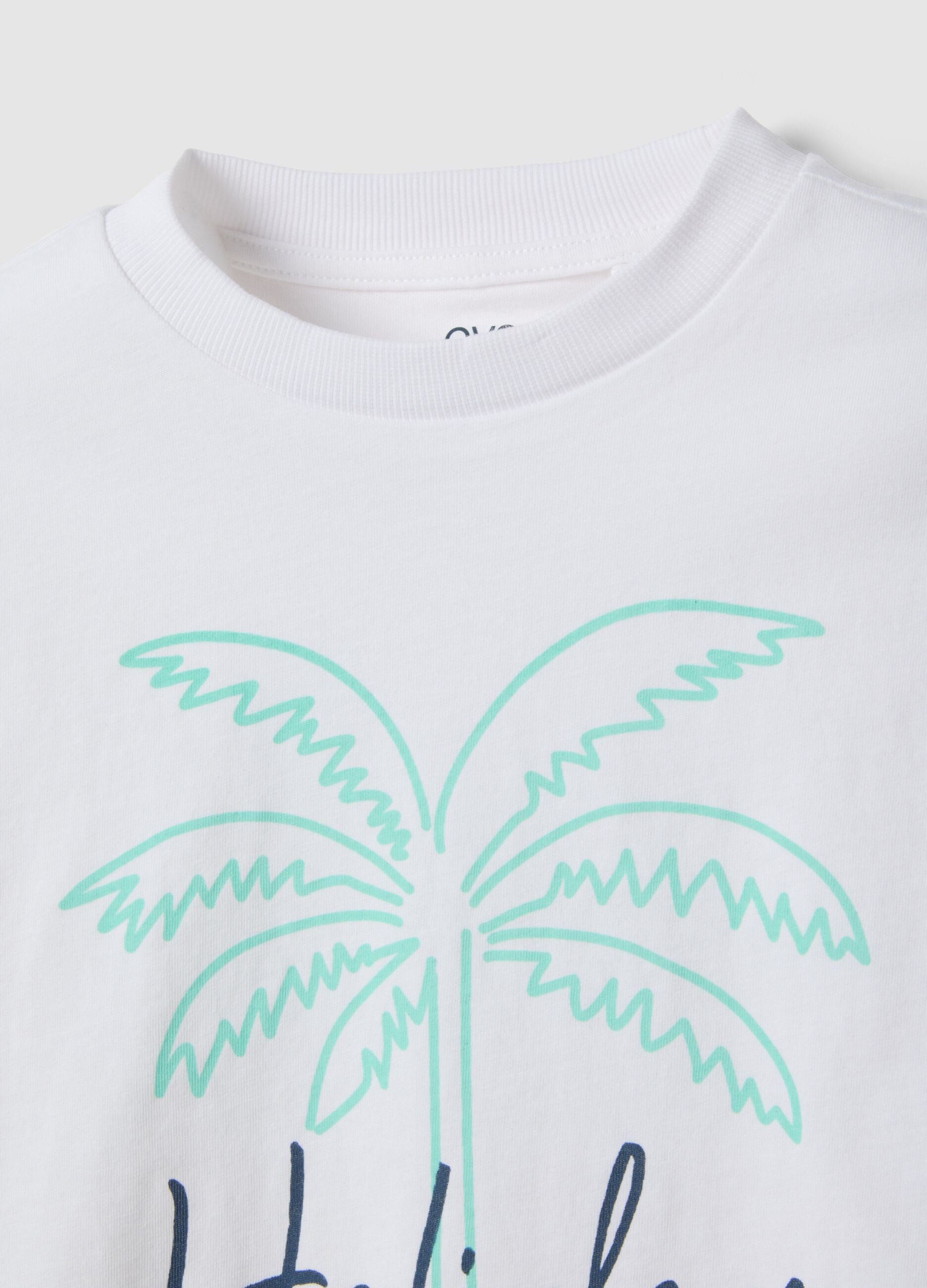 Children's white pure cotton t-shirt regular fit with palm print