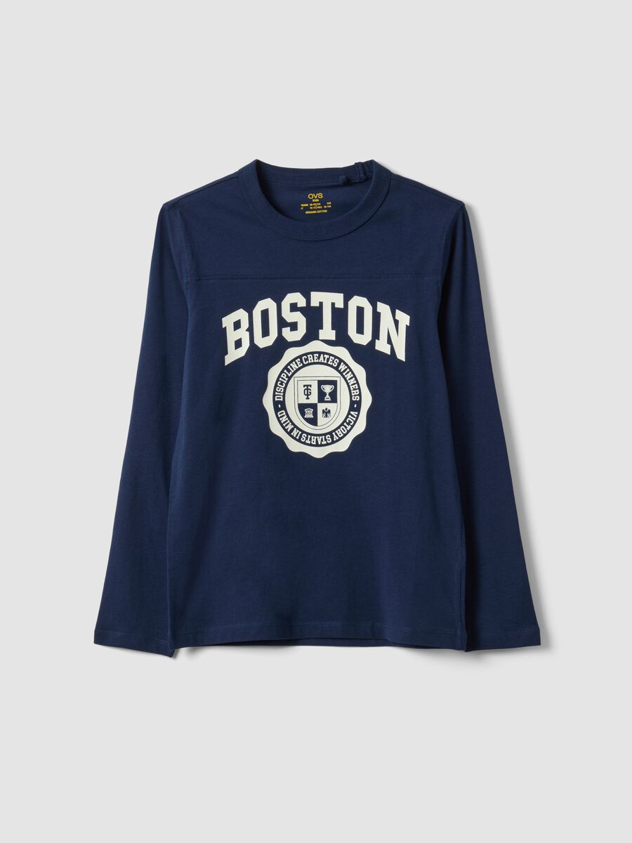 T-shirt blu in puro cotone organico con stampa college_0
