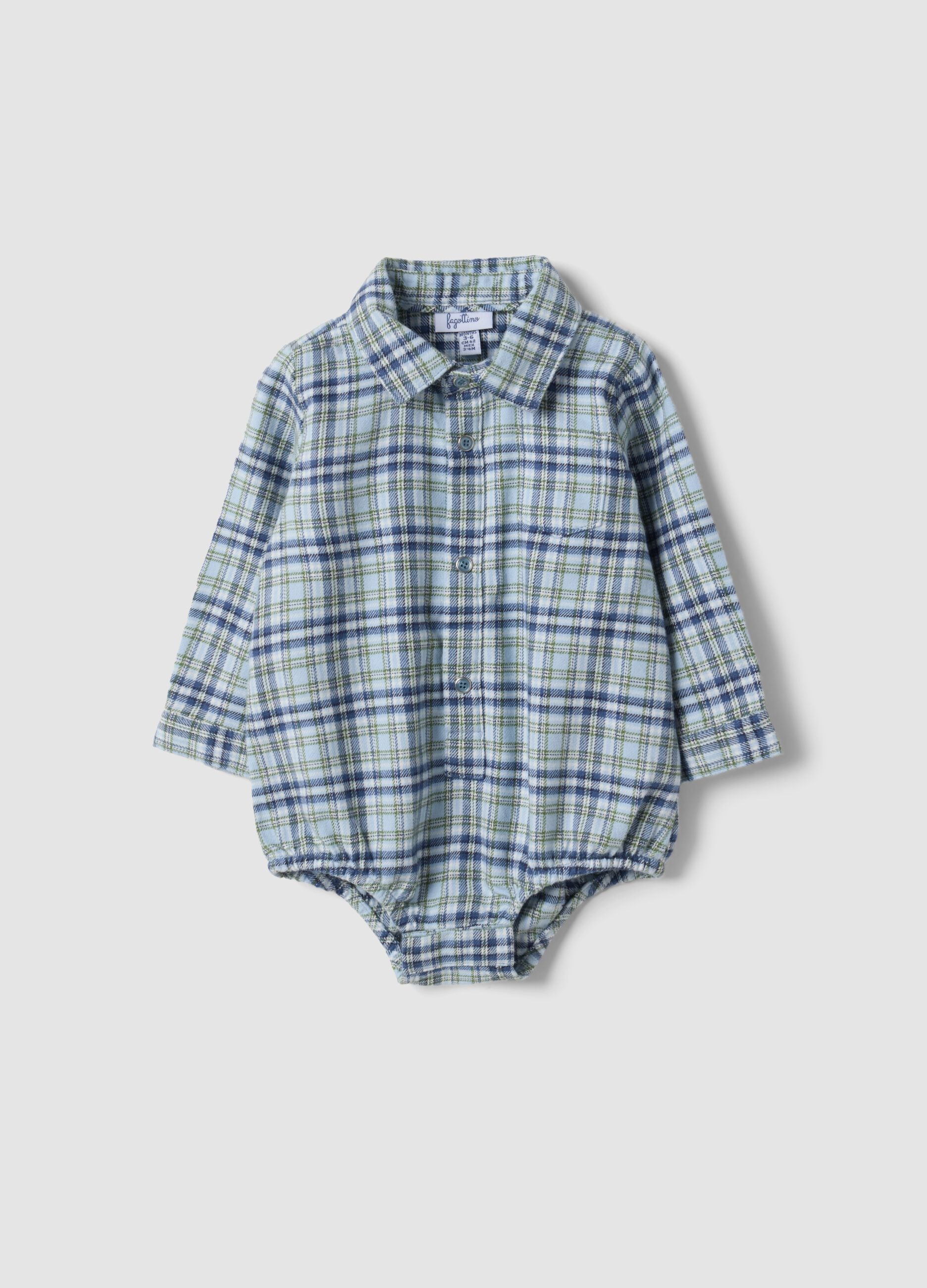 Blue checked pure cotton baby bodysuit with collar