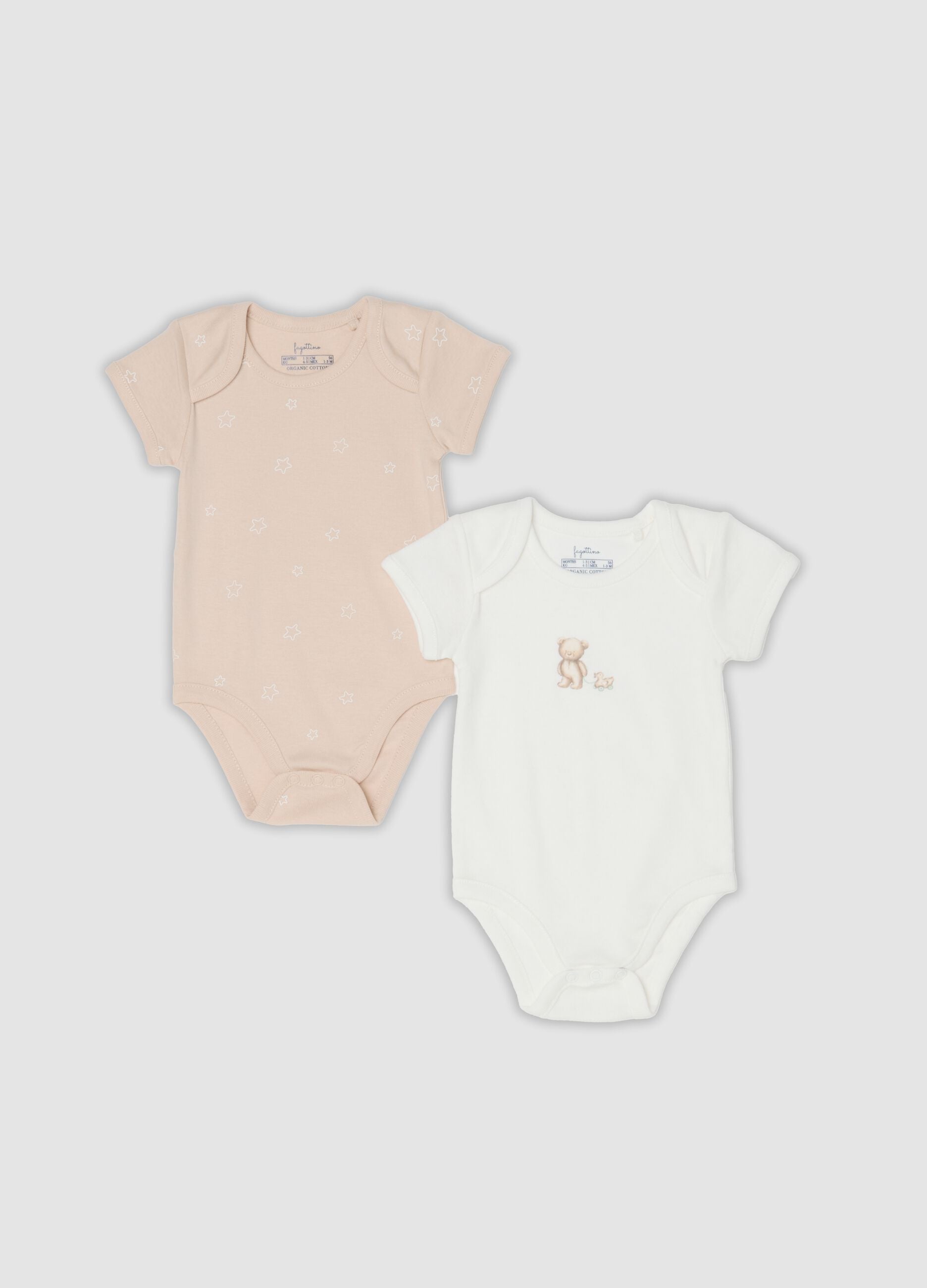 2-pack of white and beige short-sleeve organic cotton baby bodysuits