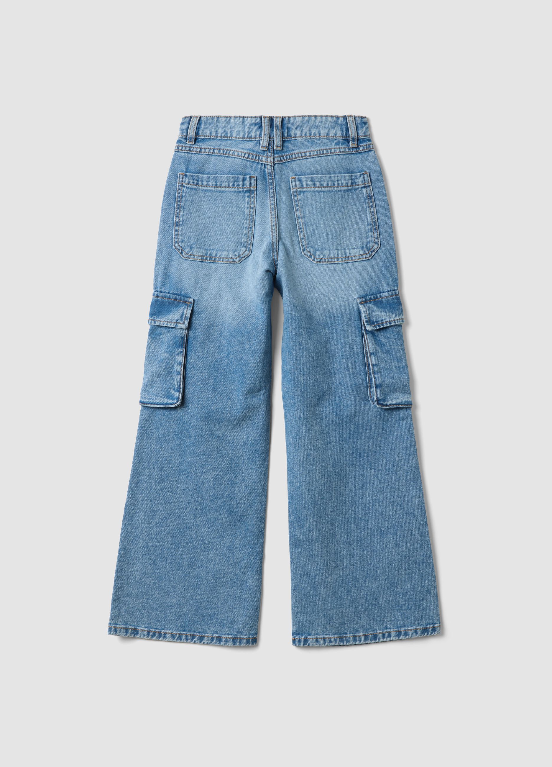Light blue pure cotton denim cargo jeans, relaxed fit for girls