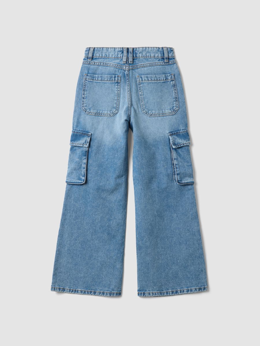 Light blue pure cotton denim cargo jeans, relaxed fit for girls_2