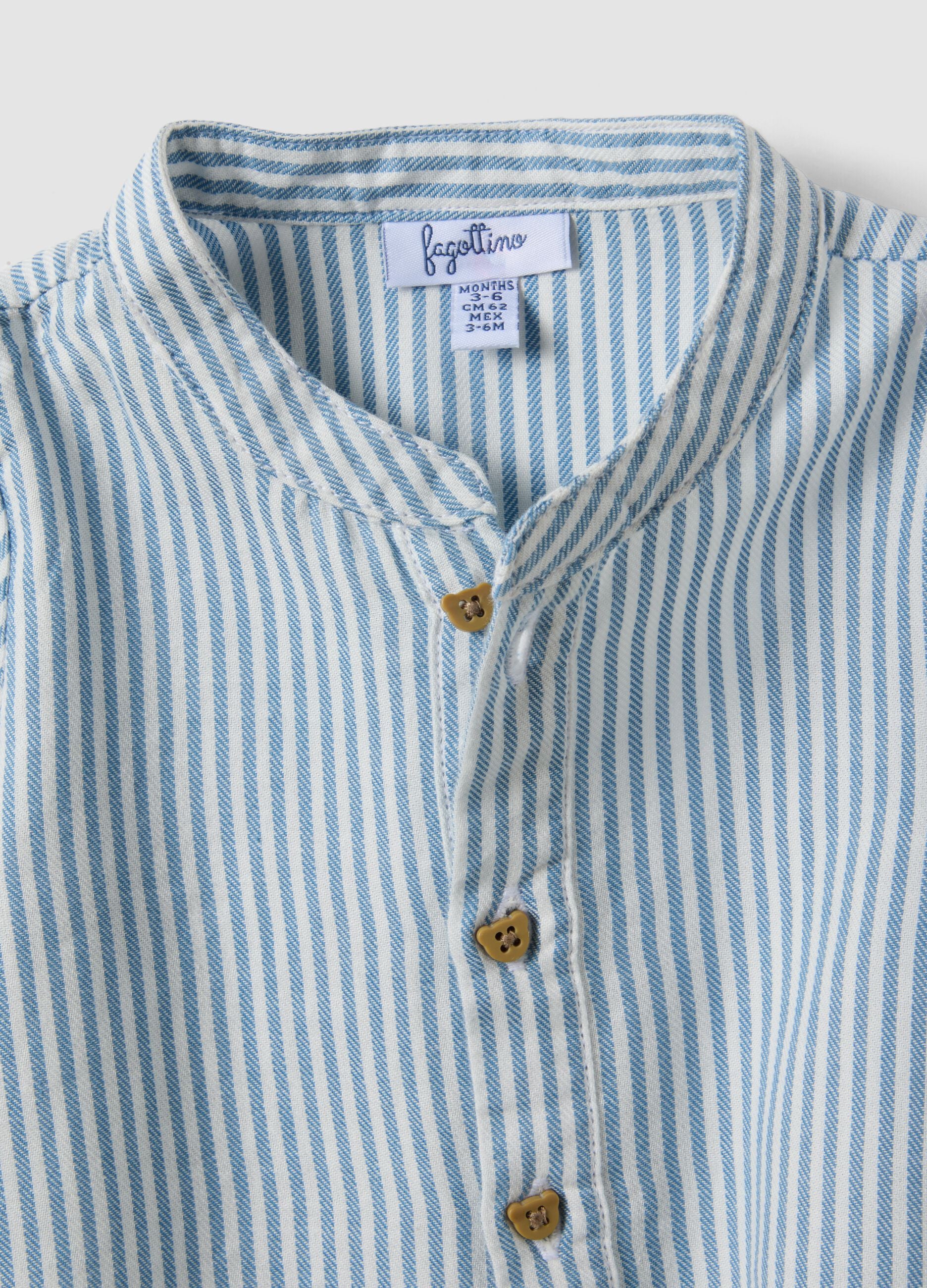 Blue striped pure cotton baby bodysuit with mandarin collar