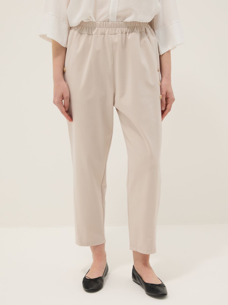 Beige regular-fit stretch cotton trousers with elasticated waist_1