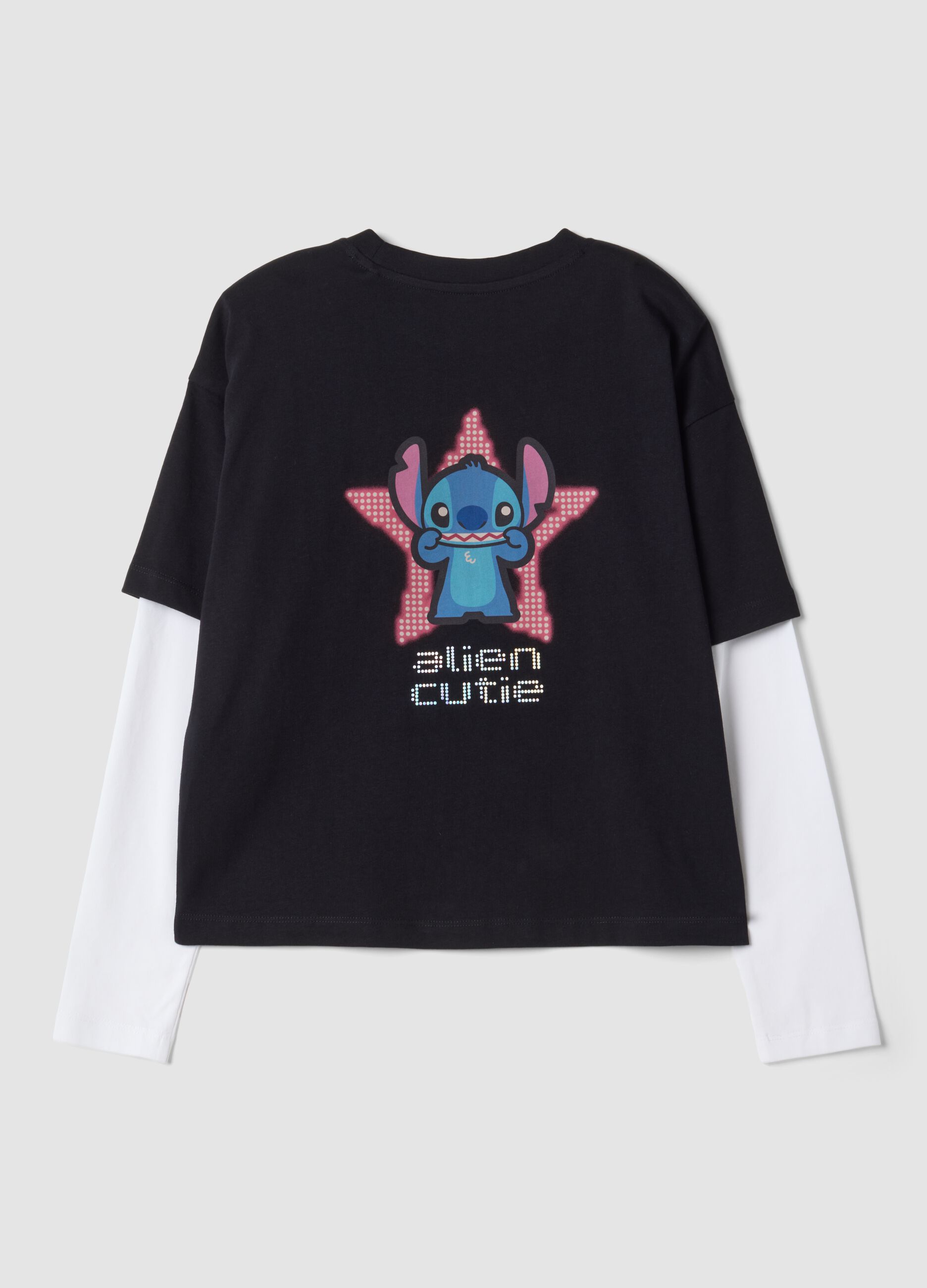 Black pure cotton T-shirt with ribbed collar and Stitch print
