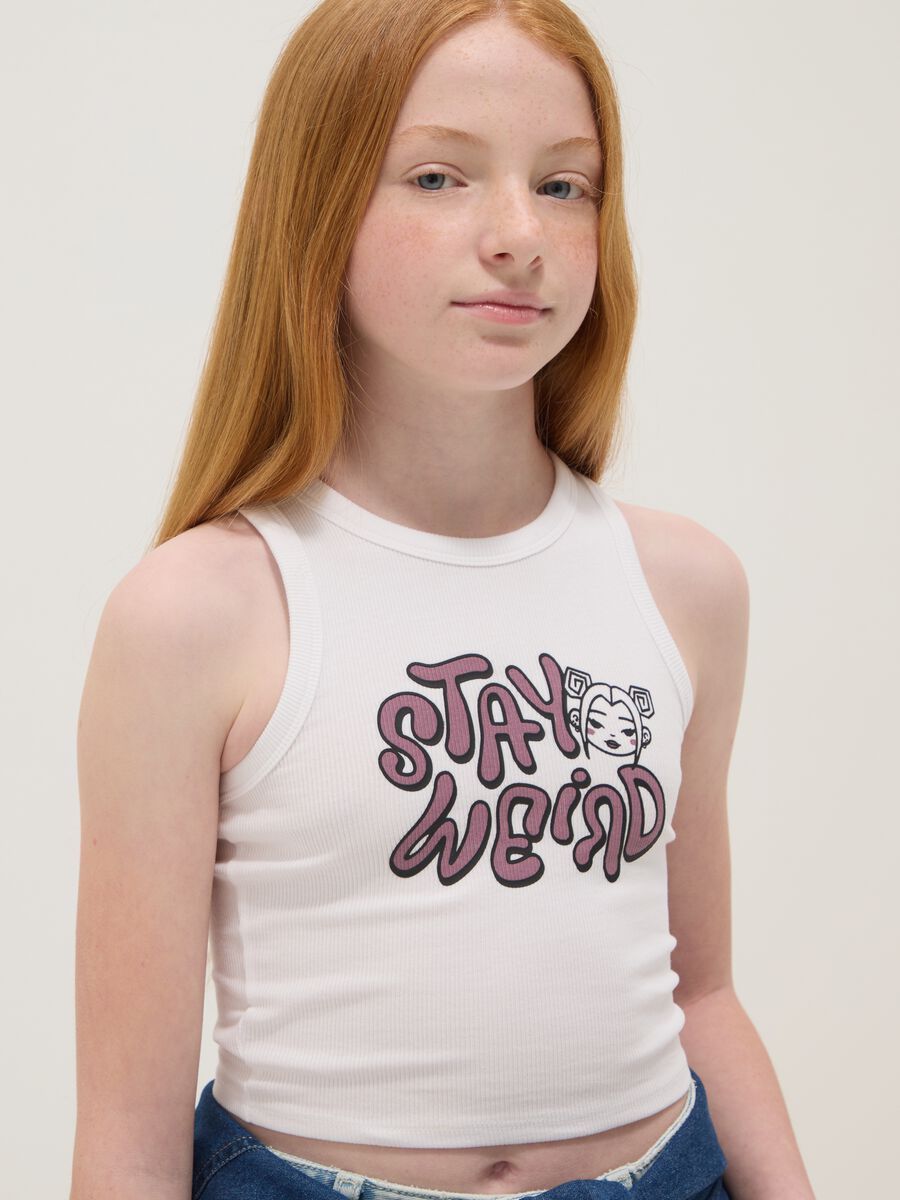 Tank top bianco in cotone elasticizzato con stampa per ragazza fitted_2