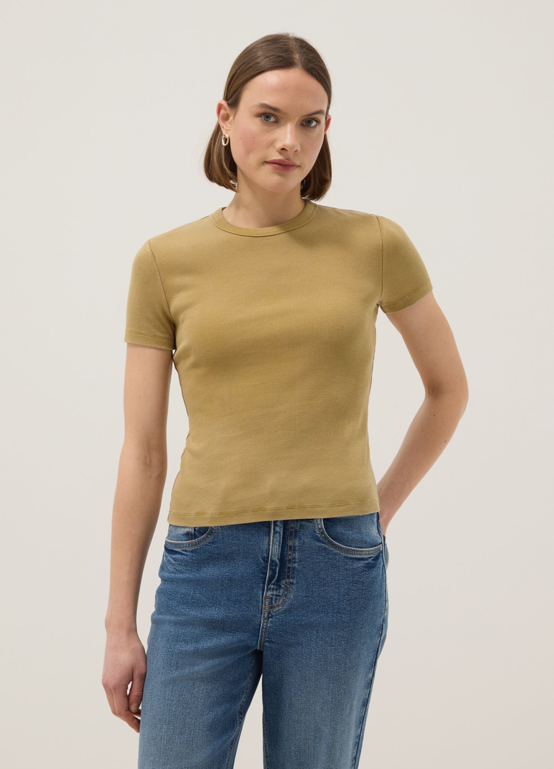 Fitted Yellow Stretch Cotton T-shirt
