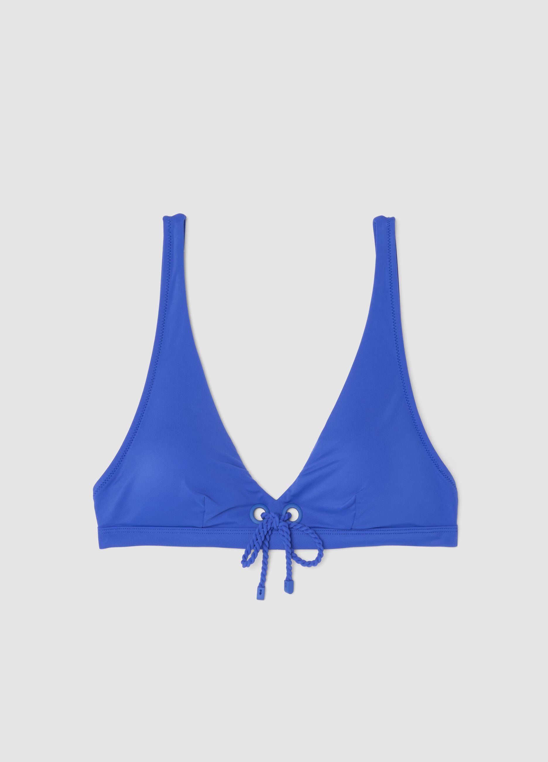 Blue triangle bikini top in stretch fabric with removable padding