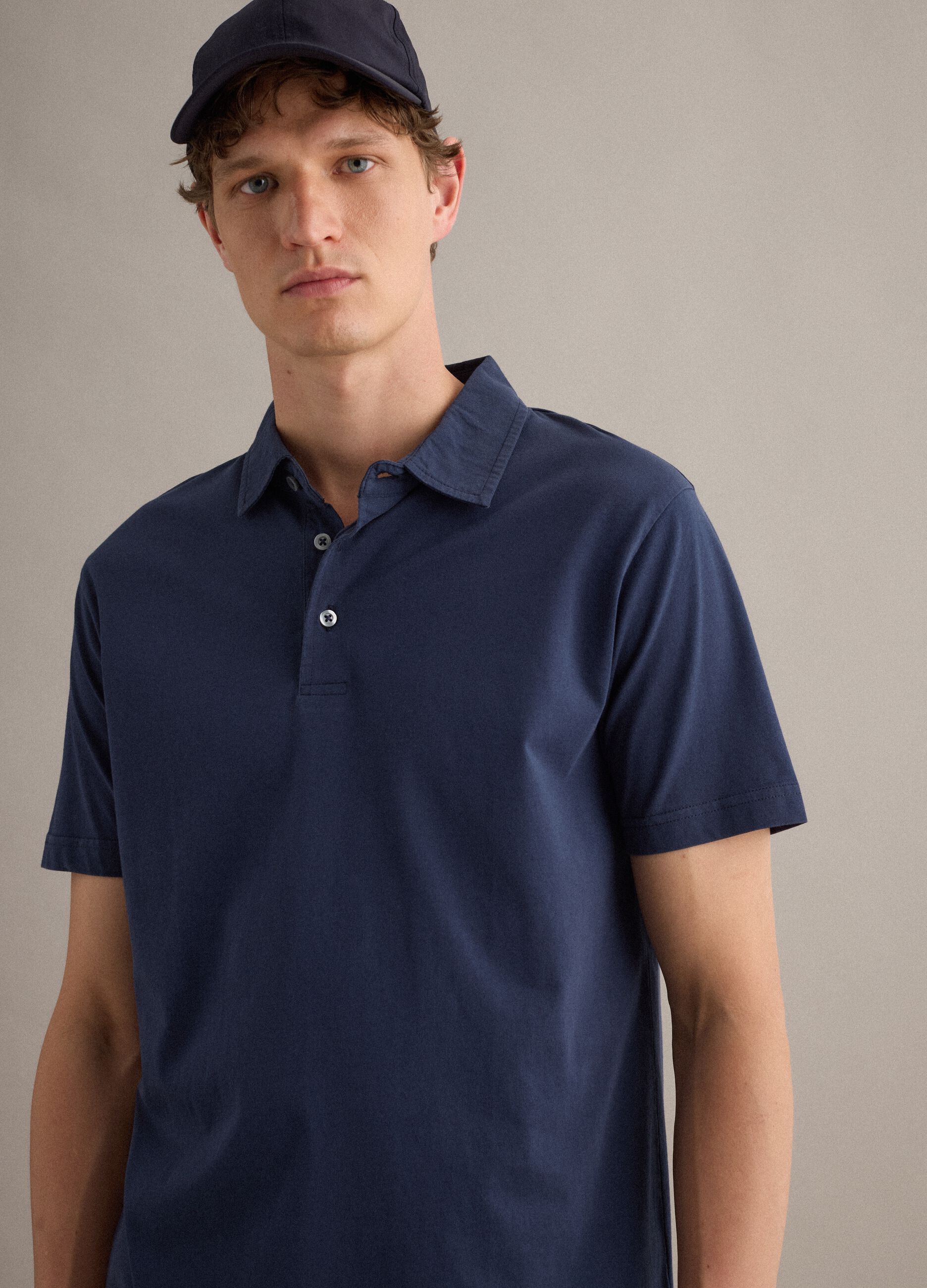 Blue short-sleeve pure cotton polo shirt, regular fit