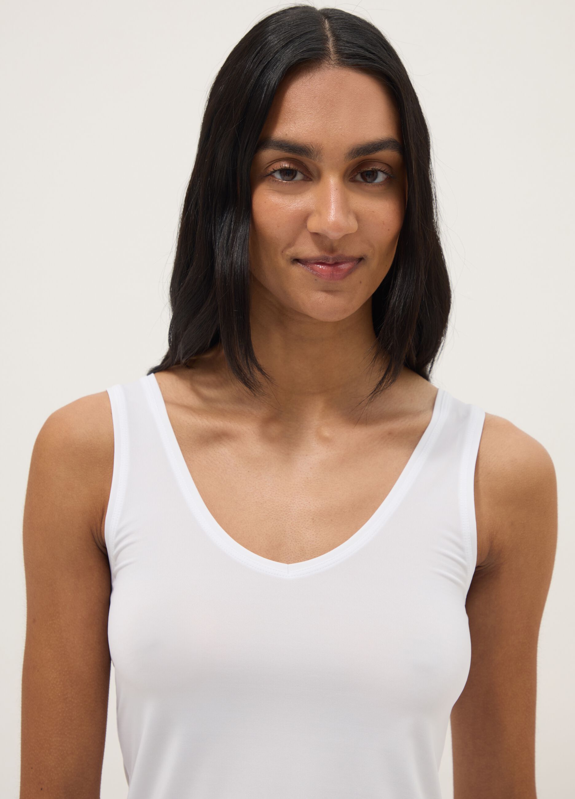 White Deep V Regular Fit Tank Top