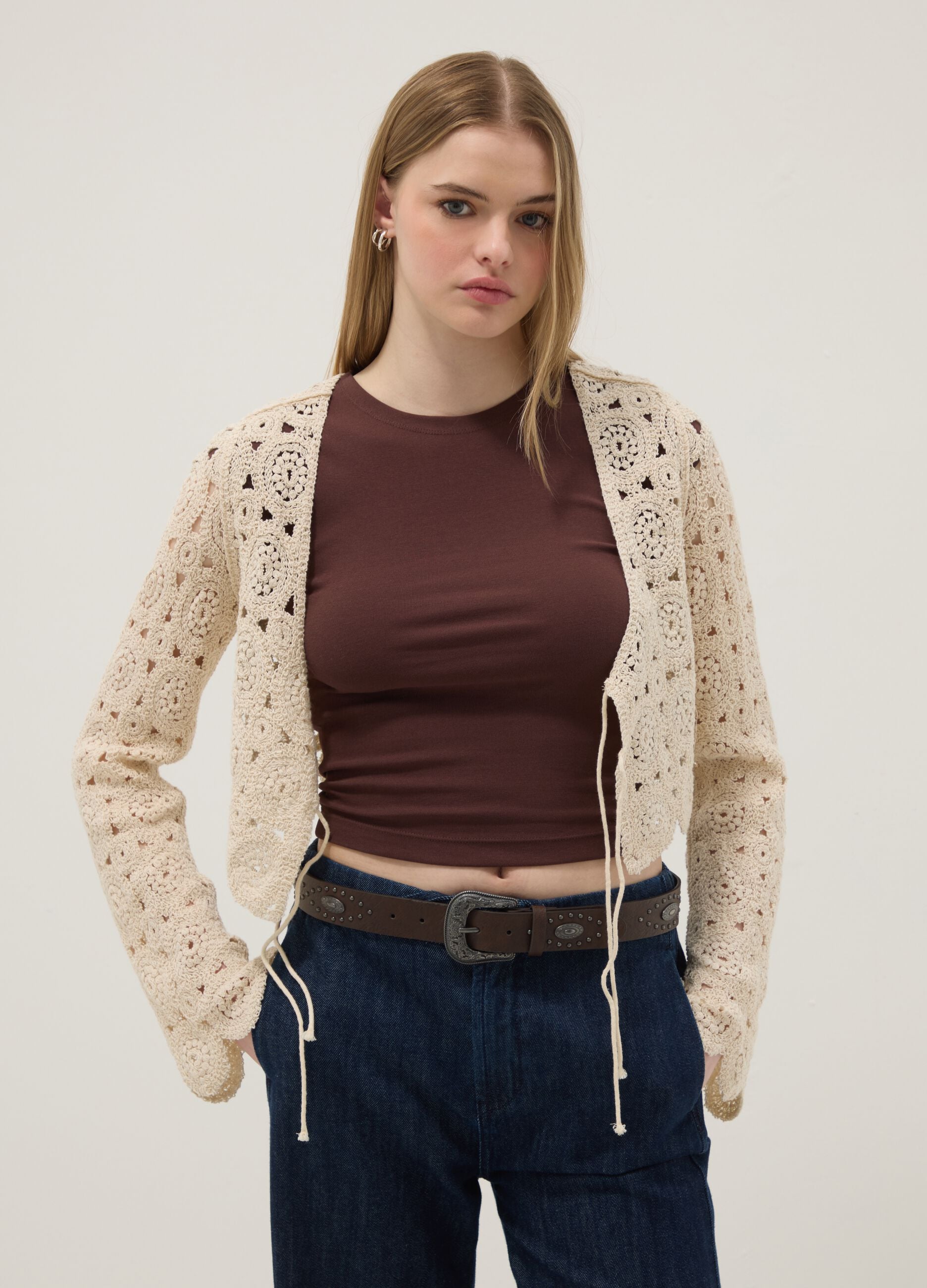 Beige cotton-blend regular-fit cardigan with openwork design