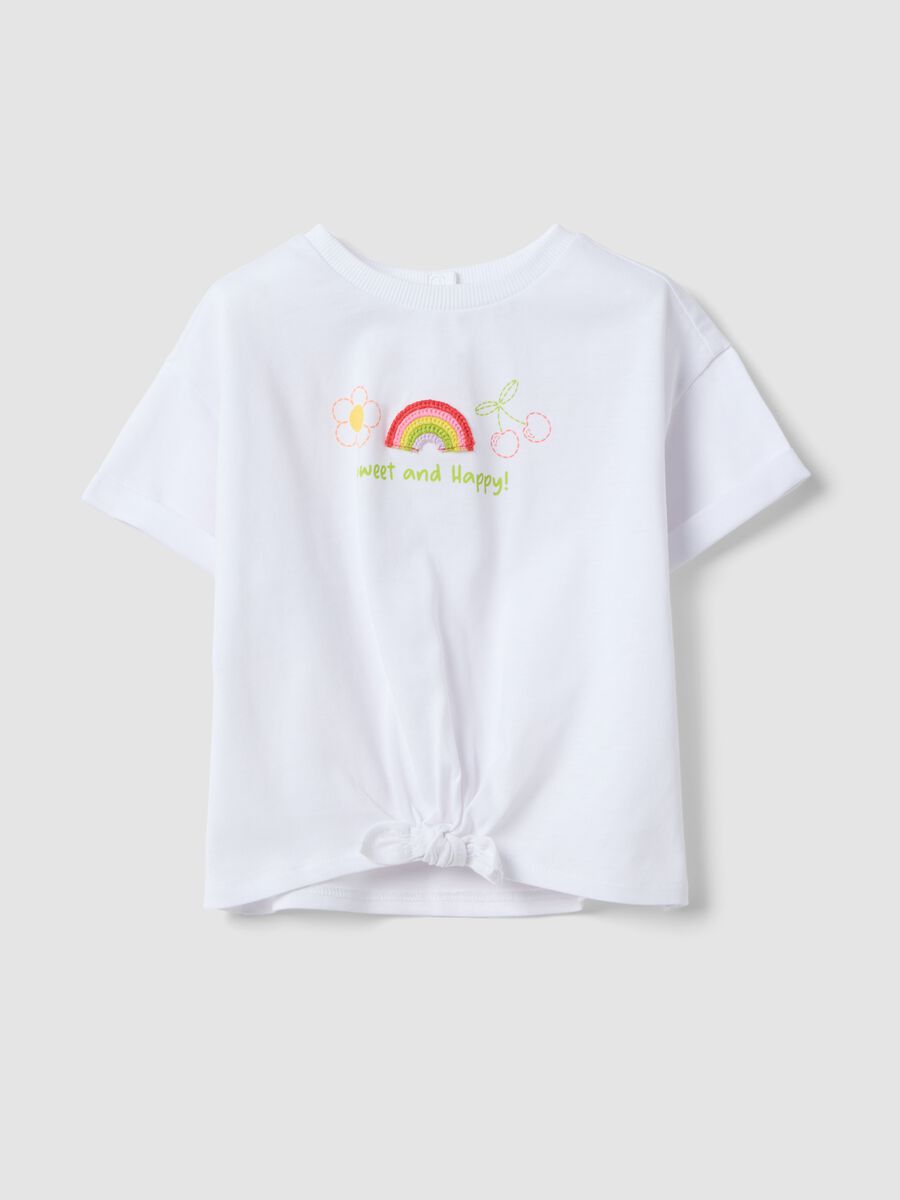 T-shirt in puro cotone bianco da bimba regular fit con ricamo e fiocco_0