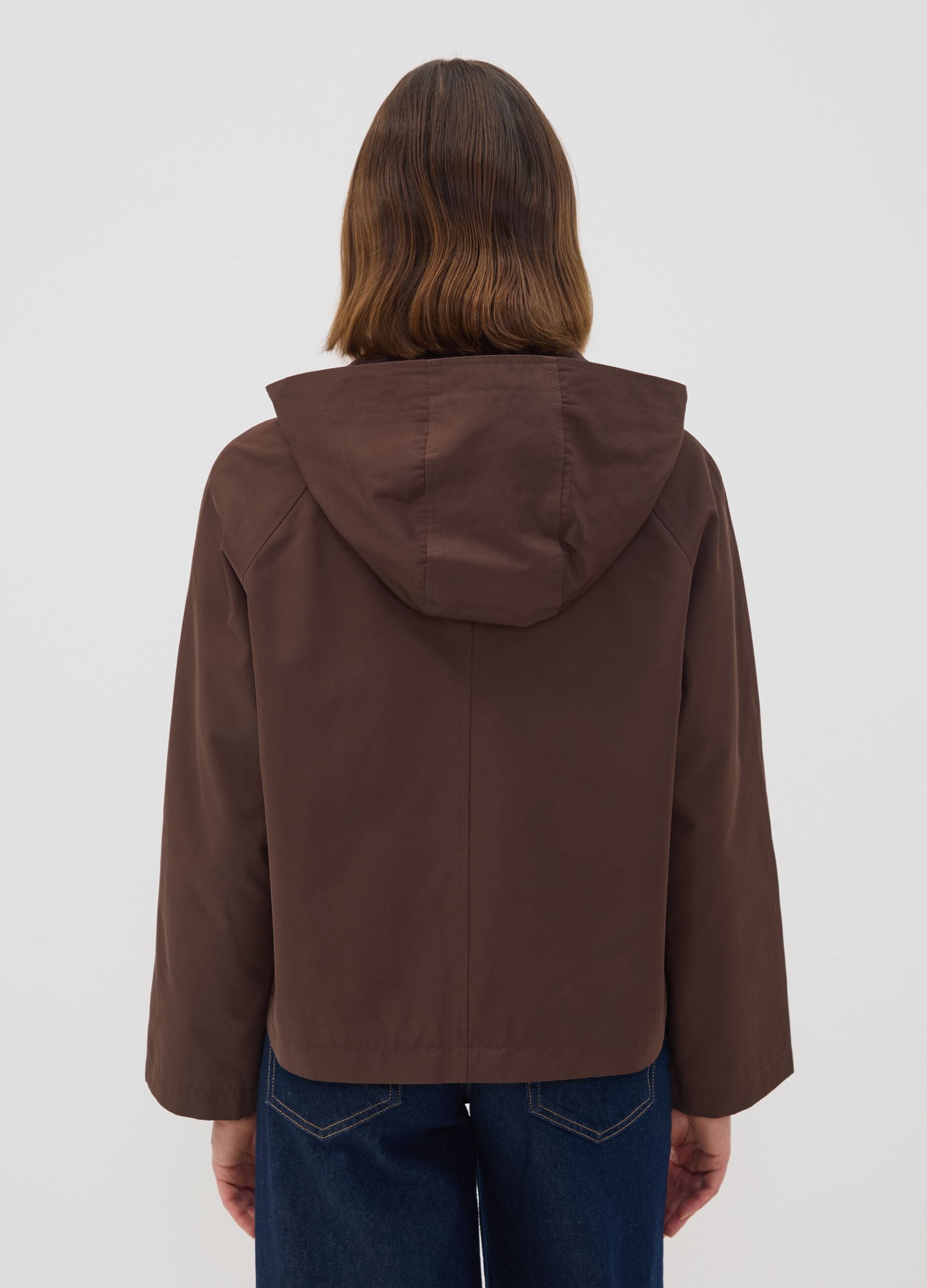 Brown cotton-blend parka jacket with hood and ribbed collar