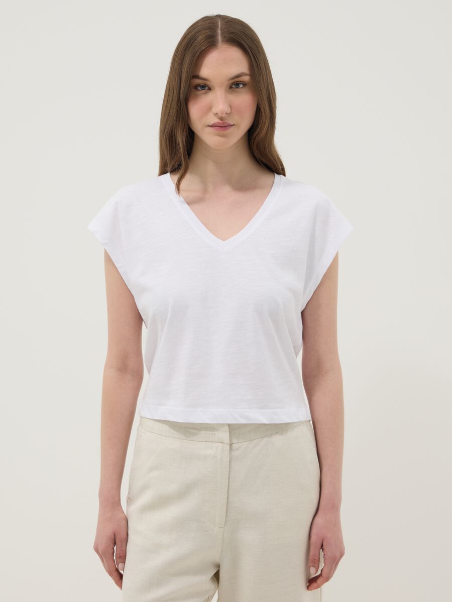 White pure cotton V-neck T-shirt_0