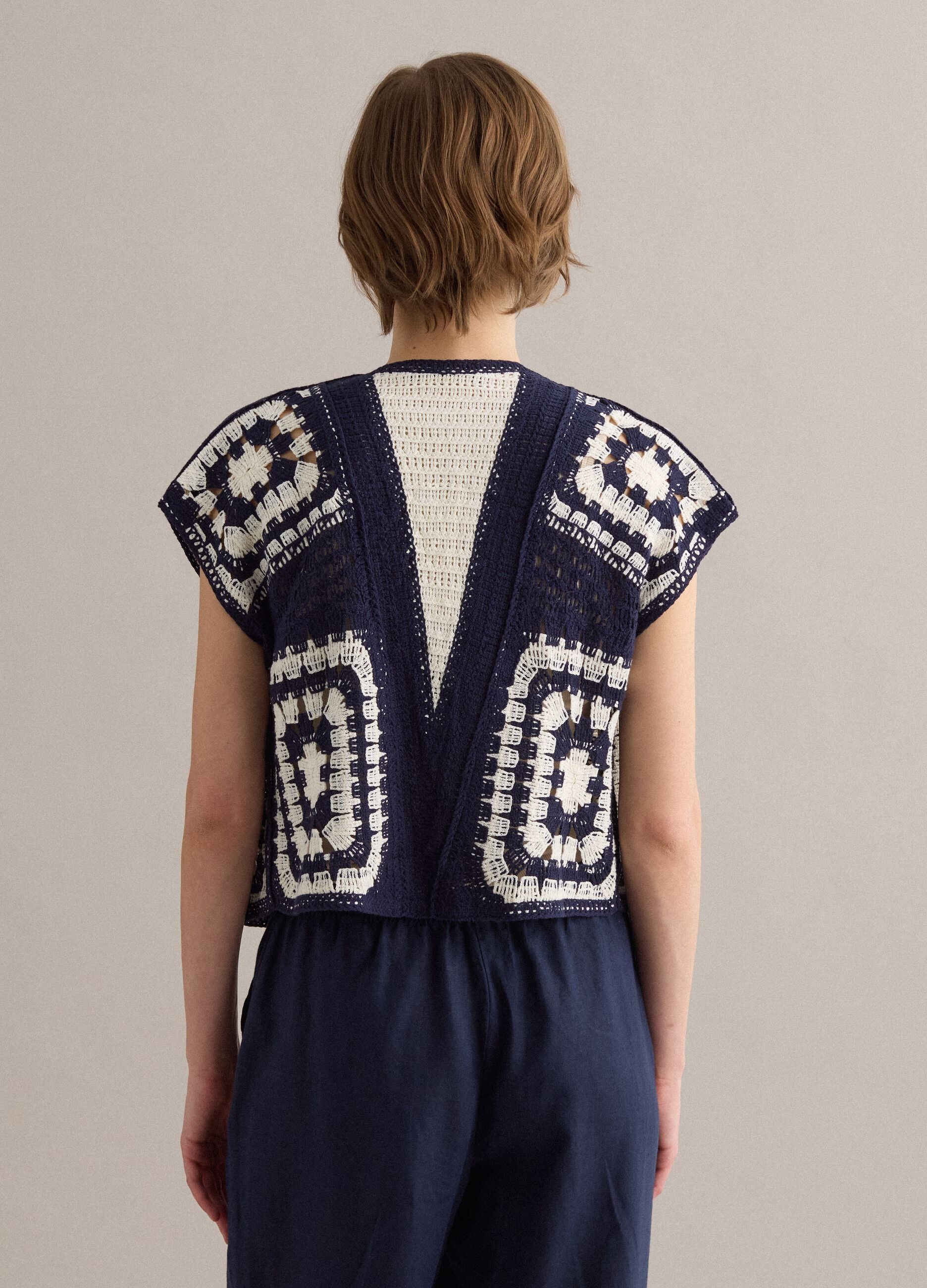Blue and white regular-fit crochet cotton-blend gilet