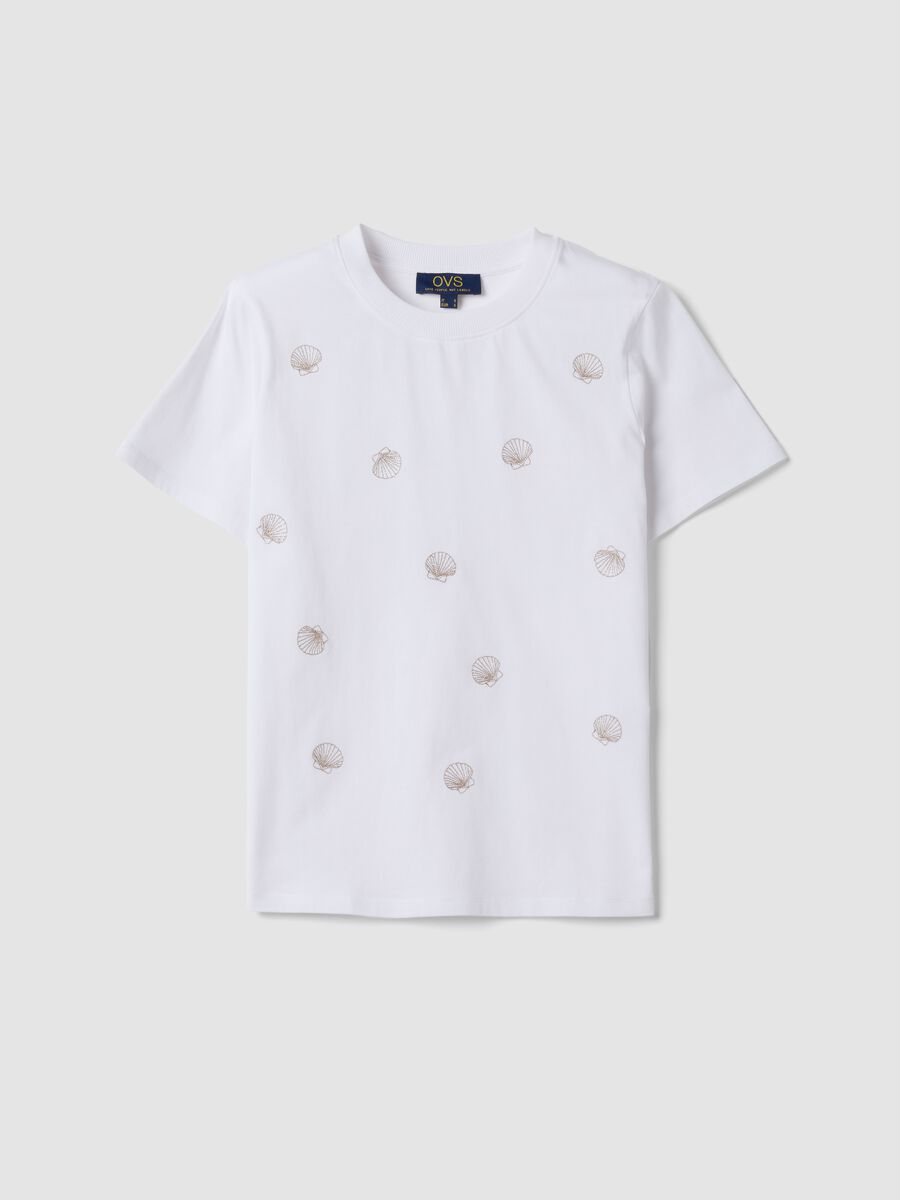 White pure cotton T-shirt with seashell print_4