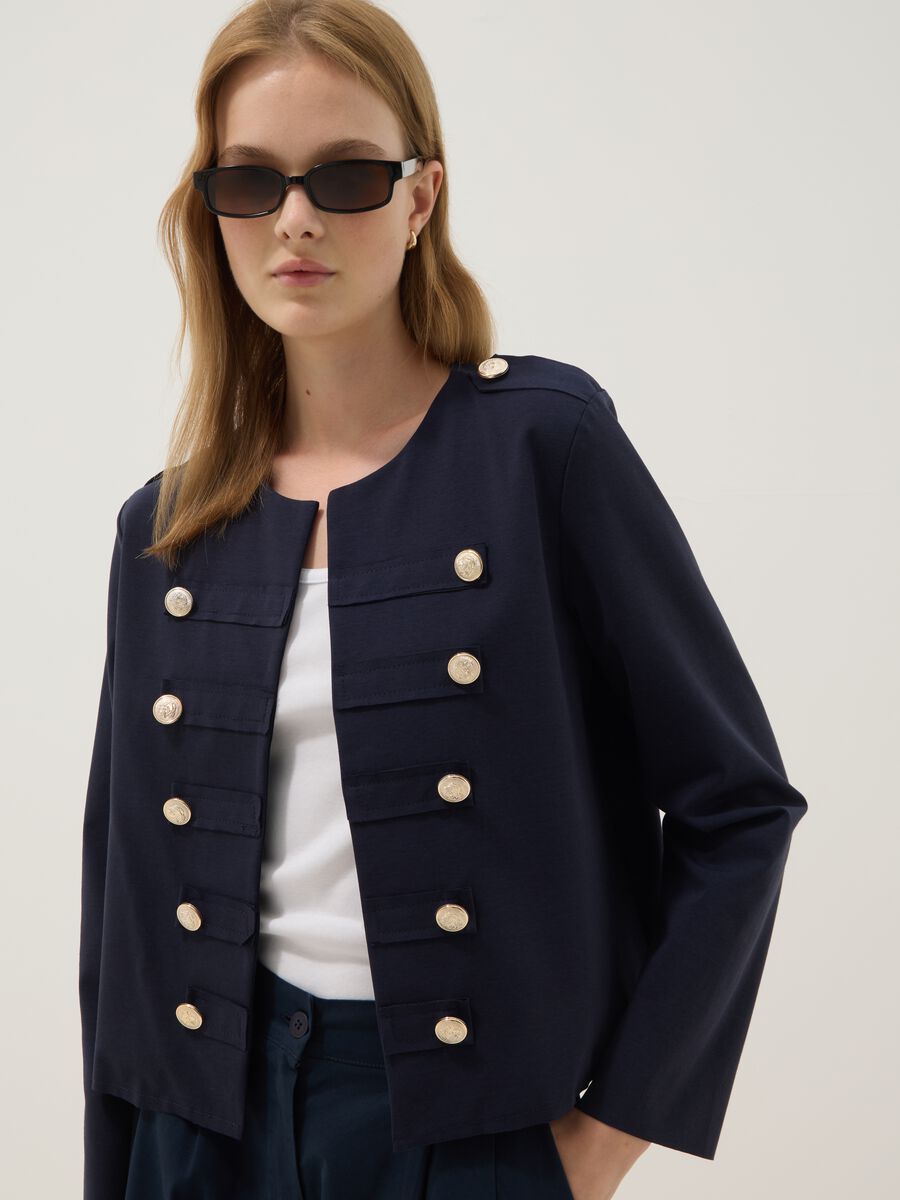 Blue cropped stretch cotton jacket with decorative buttons, regular fit_0