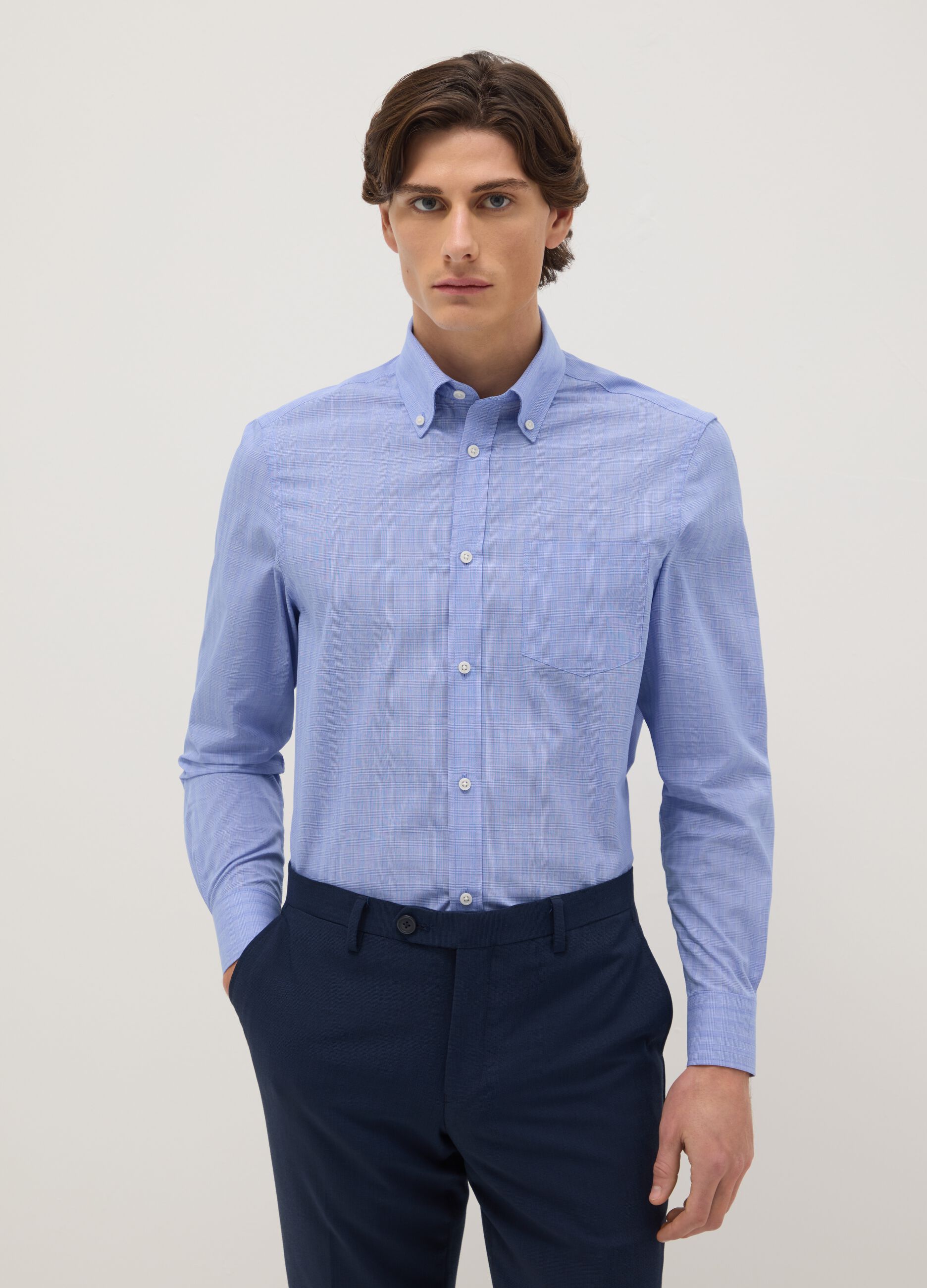 Blue check regular fit cotton blend shirt easy iron