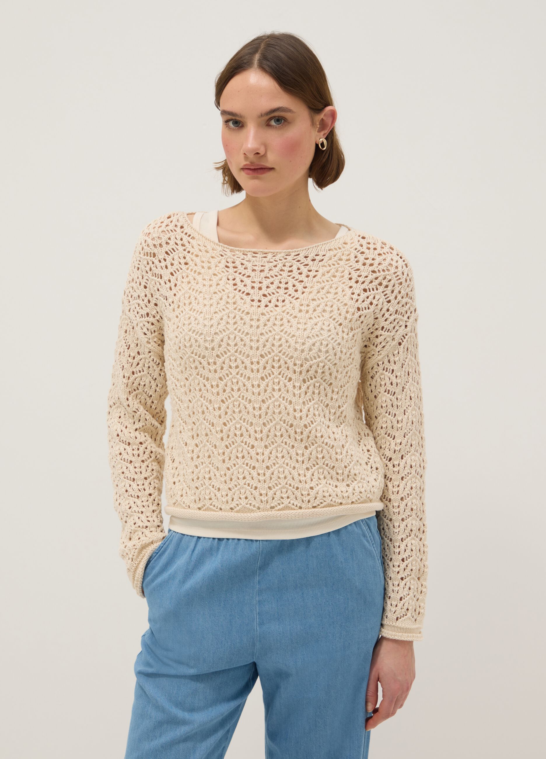 Beige pure cotton jumper regular fit with perforated design
