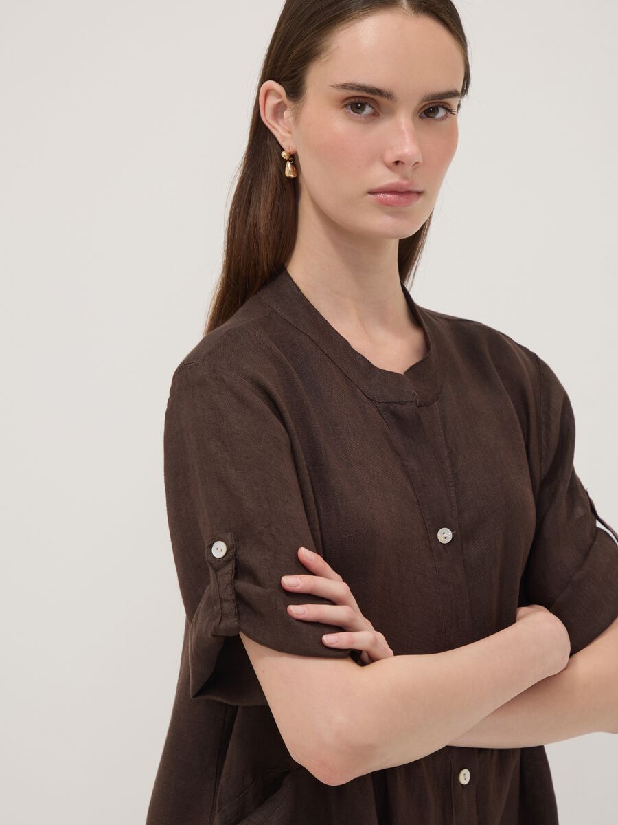 Brown pure linen dress with Mandarin collar, regular fit_2