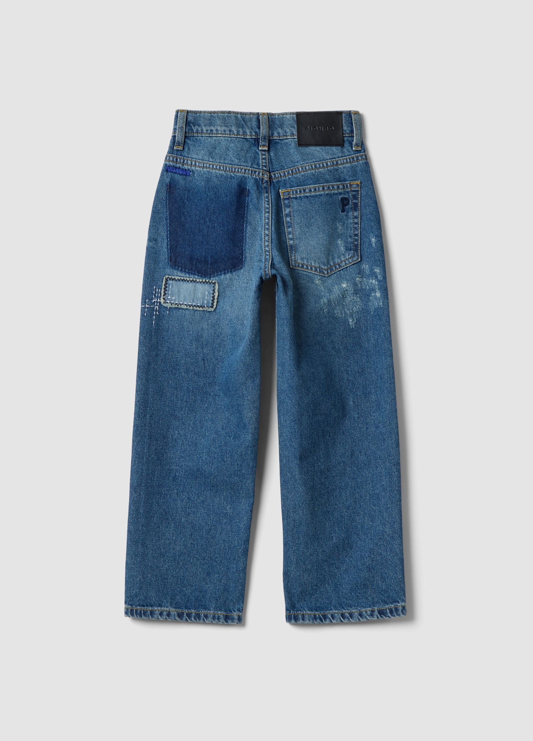 Blue pure cotton denim jeans, straight fit with patches for boys