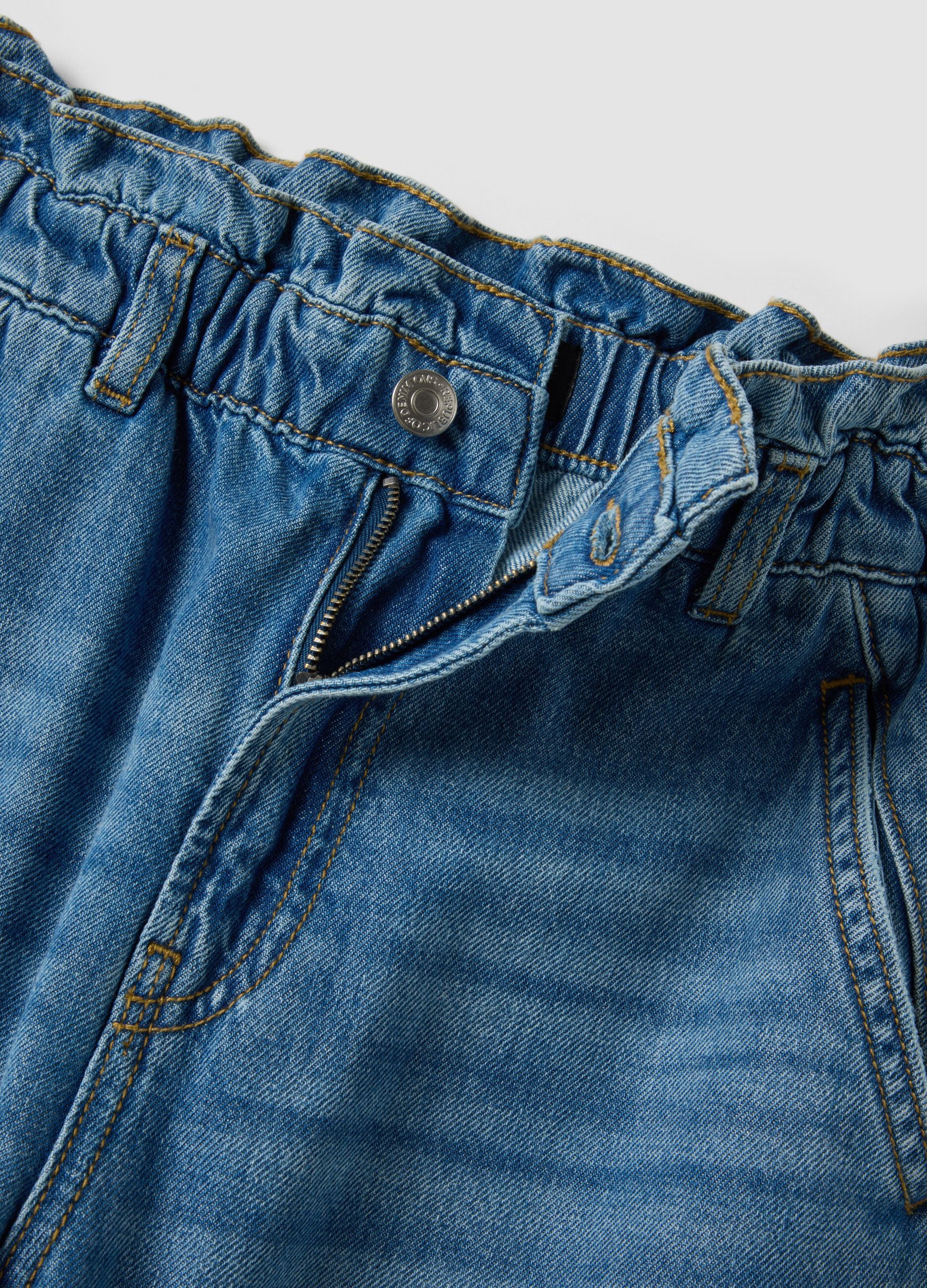 Light blue pure cotton denim jeans with paperbag waist, baggy fit