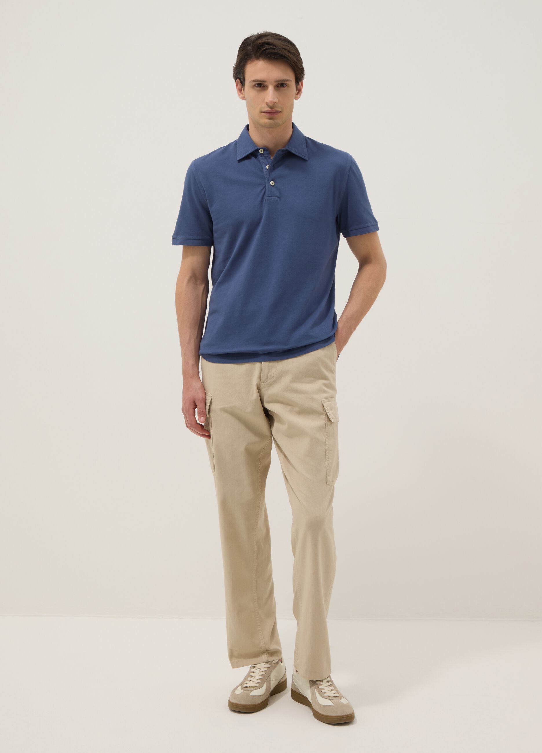 Blue pure cotton slim-fit short-sleeve polo