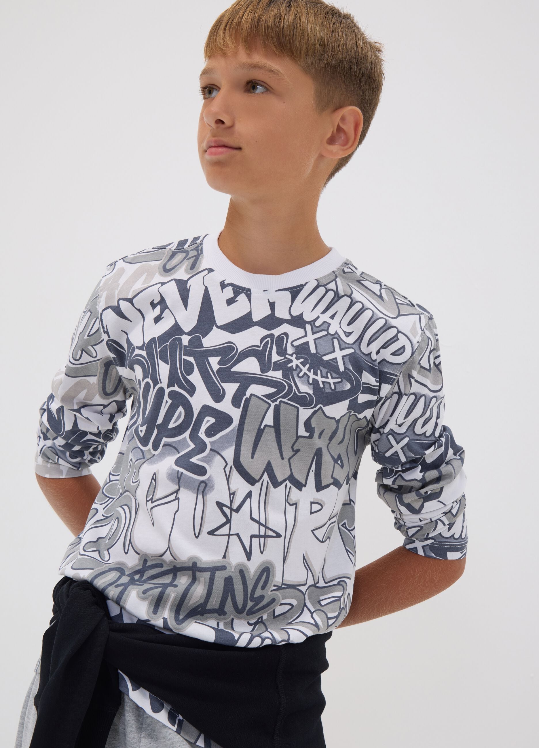 White organic cotton graffiti T-shirt for boys, relaxed fit
