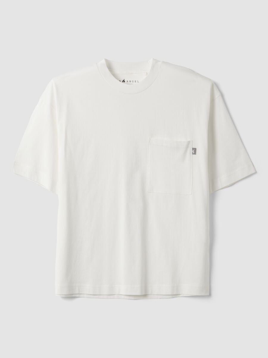 T-shirt bianca in puro cotone girocollo con taschino boxy fit_4