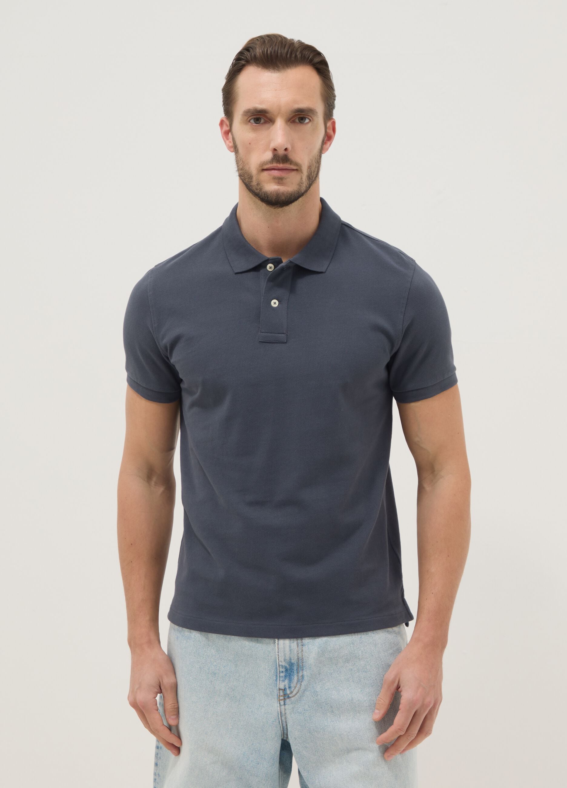 Blue slim fit short-sleeve polo in pure cotton