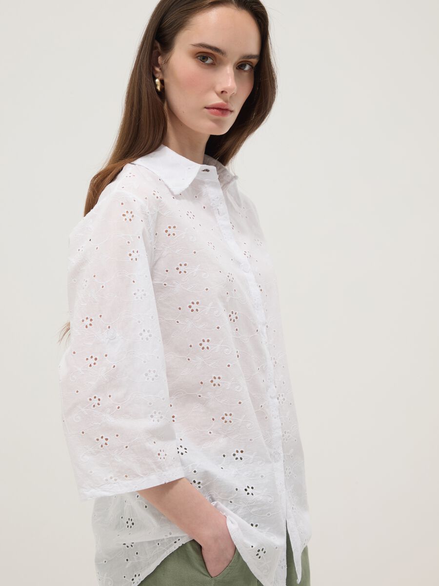 Camicia bianca traforata in puro cotone regular fit_0