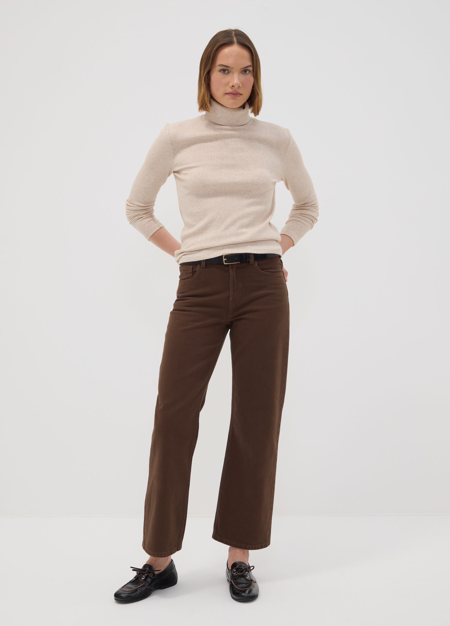 Beige ribbed viscose-blend crew-neck jumper
