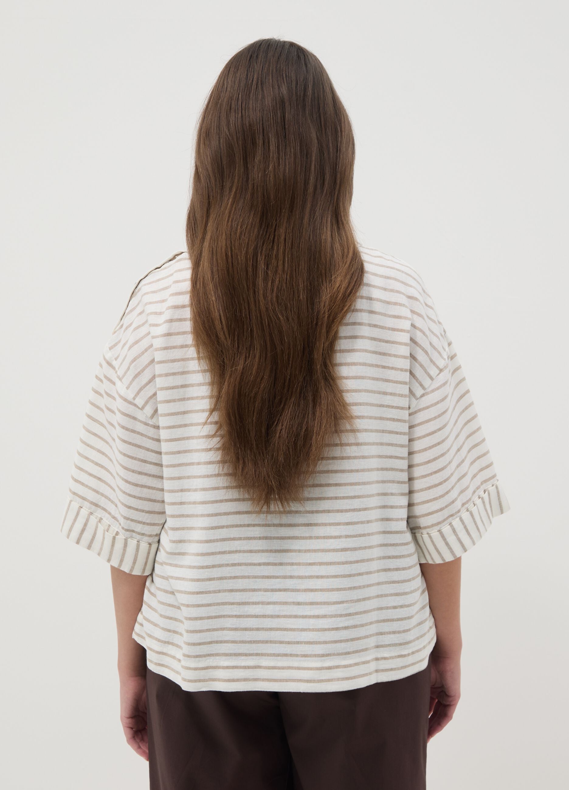 Multicolour striped linen blend regular fit t-shirt