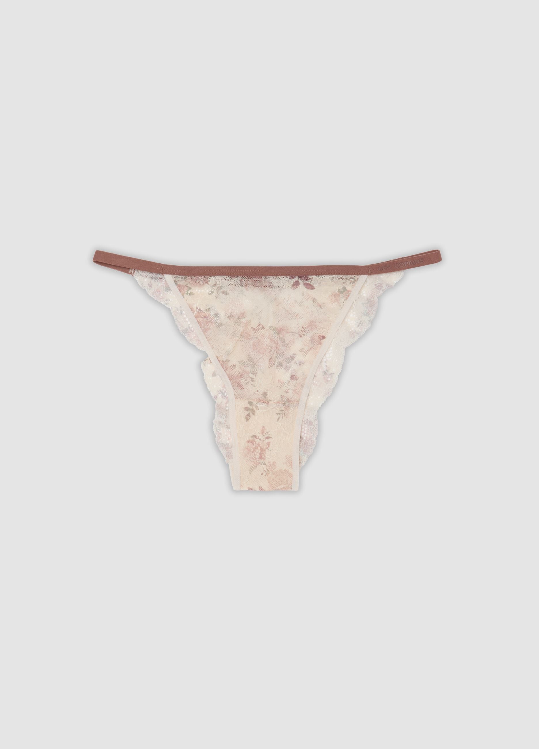 Beige organic cotton briefs with floral print and lace