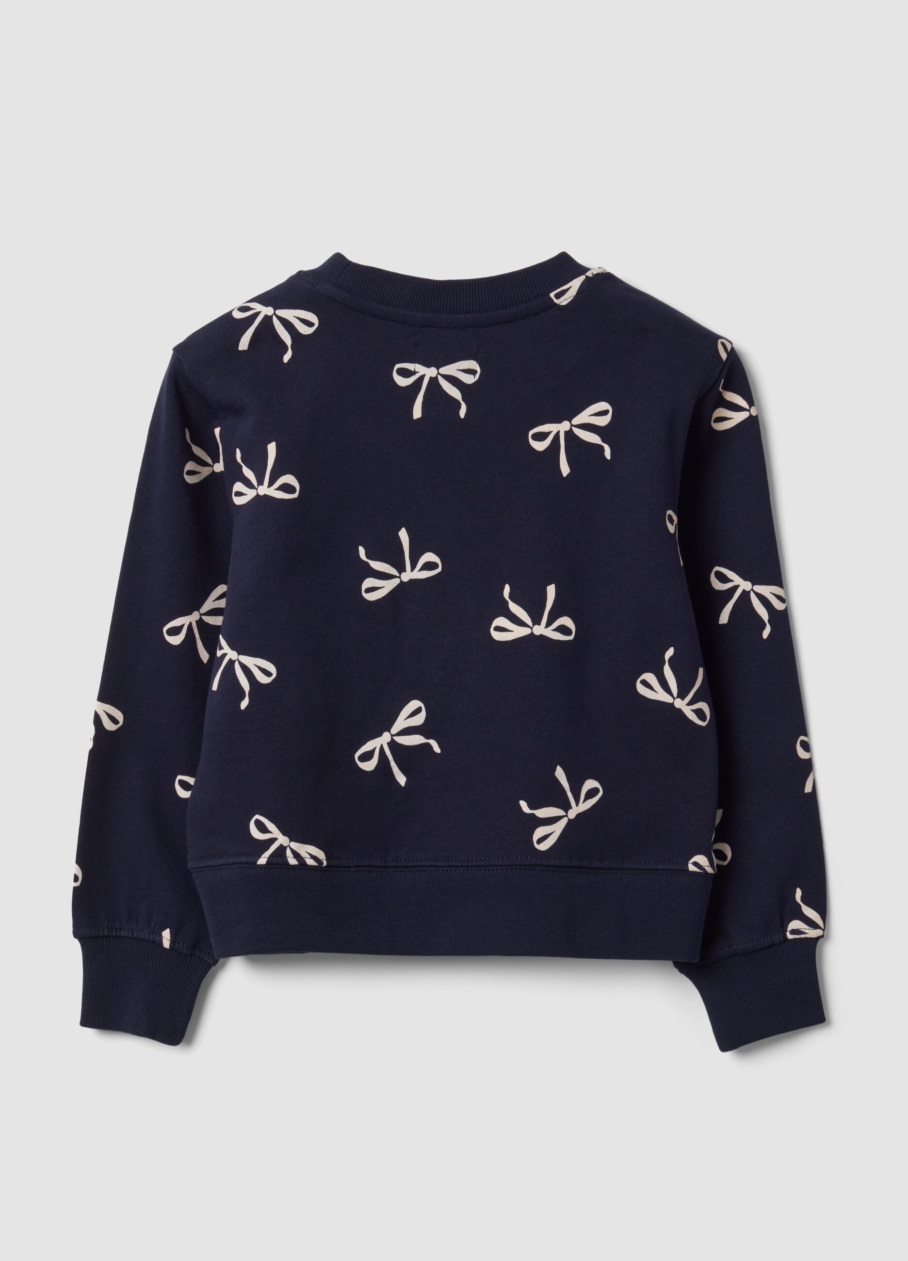 Blue pure cotton sweatshirt with bow print and crew neck for girls