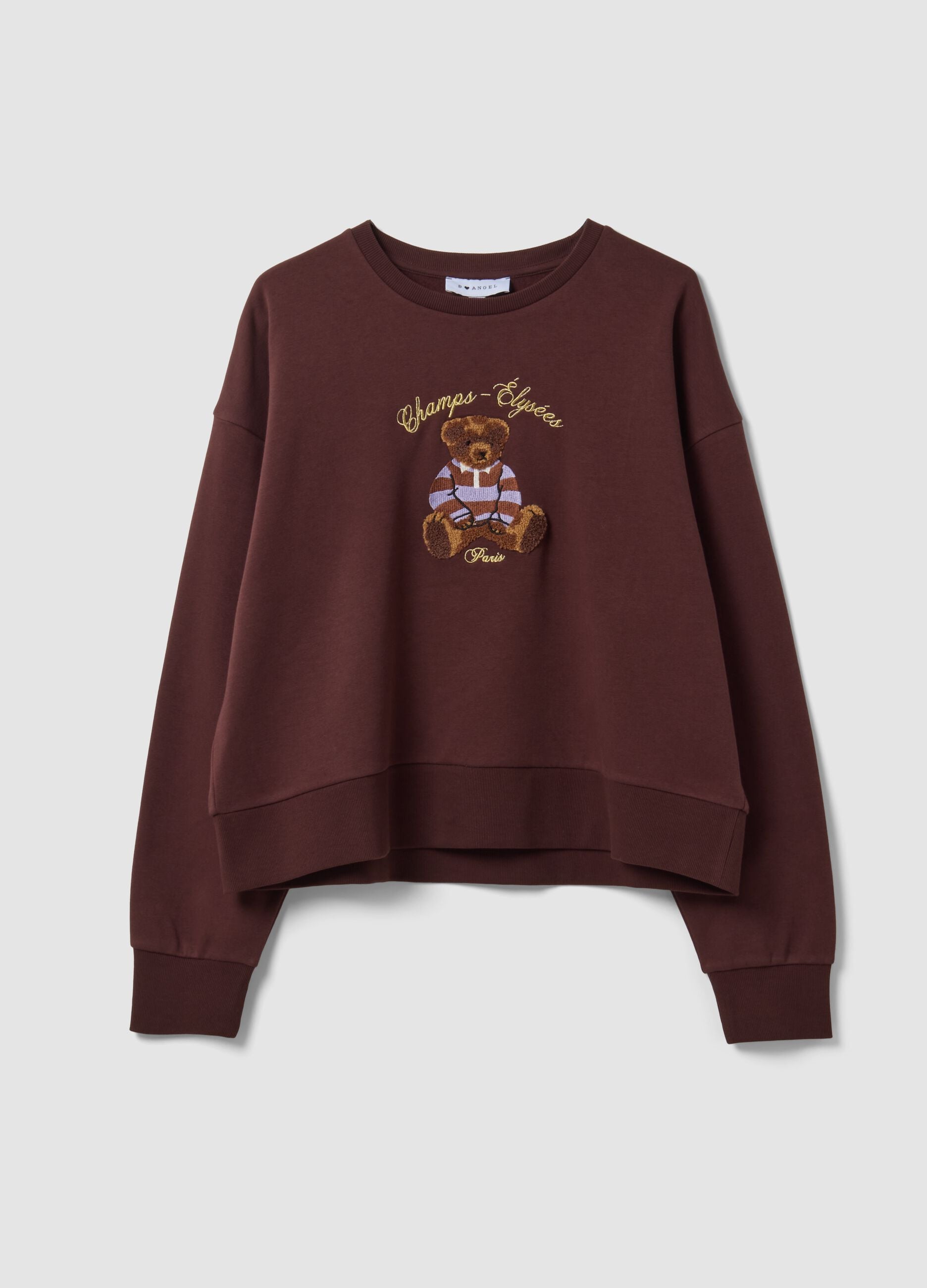 Brown cotton-blend sweatshirt with crew neck and teddy print