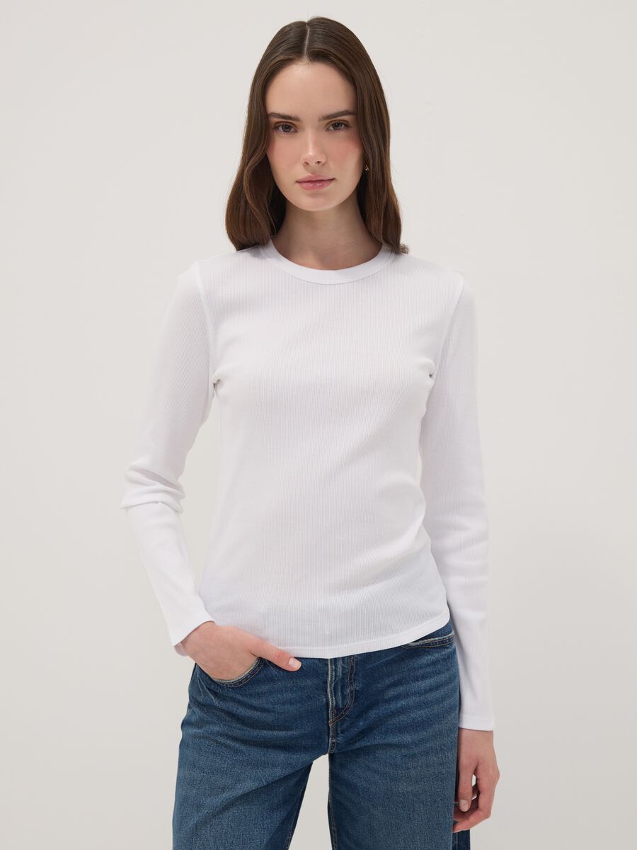White long-sleeved pure cotton T-shirt_0