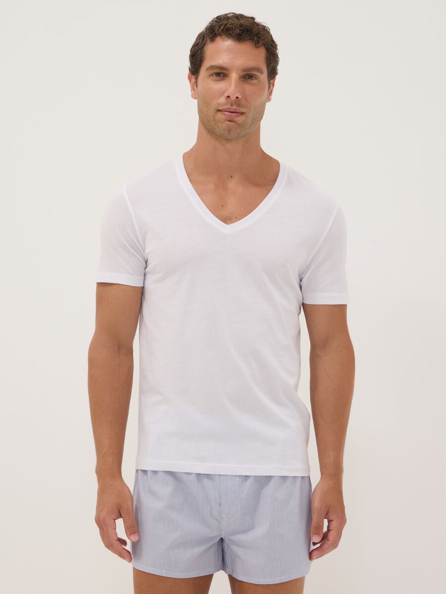 Bipack di t-shirt bianche in puro cotone extrafine con scollo a V profondo_0