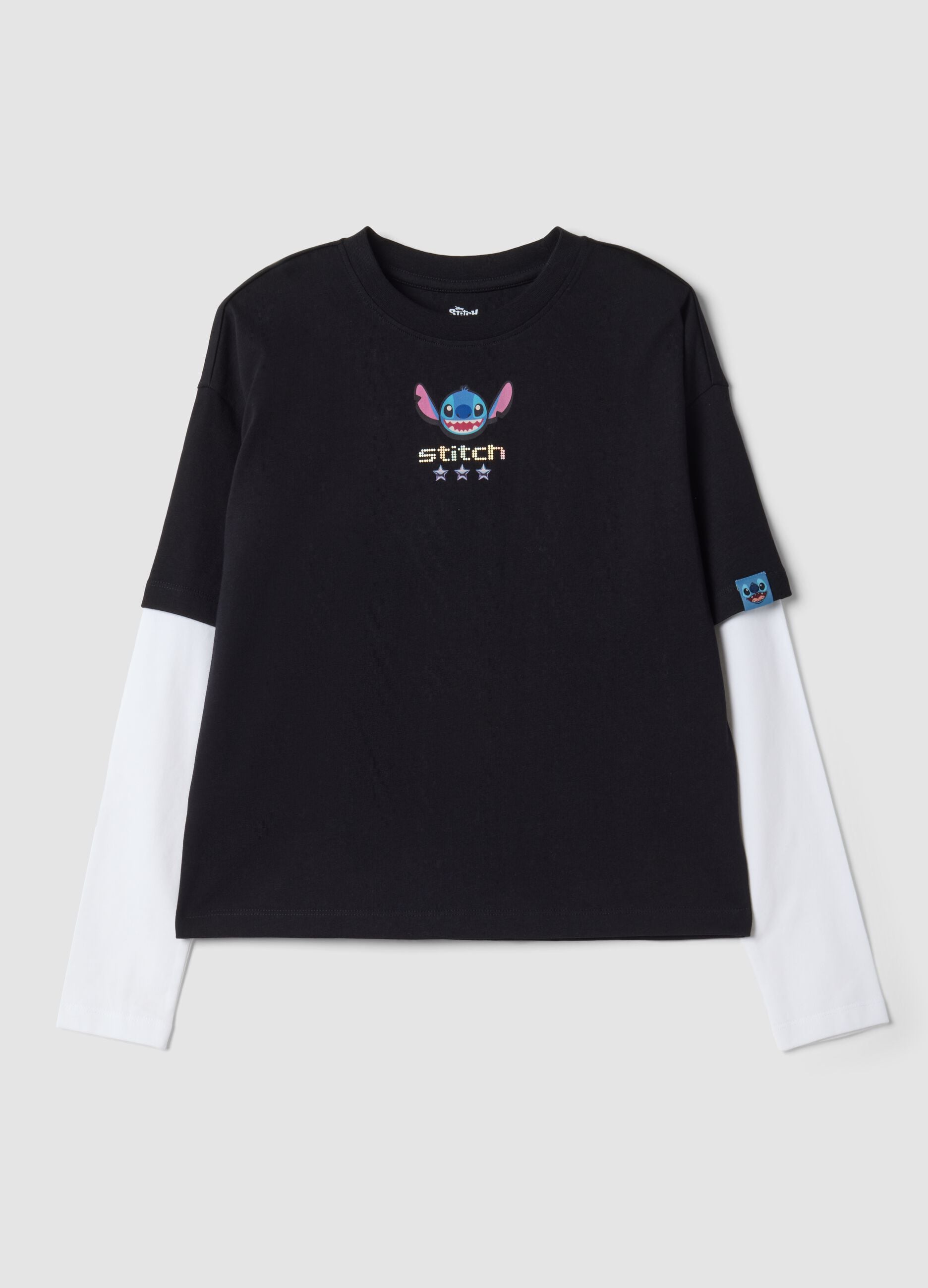 Black pure cotton T-shirt with ribbed collar and Stitch print