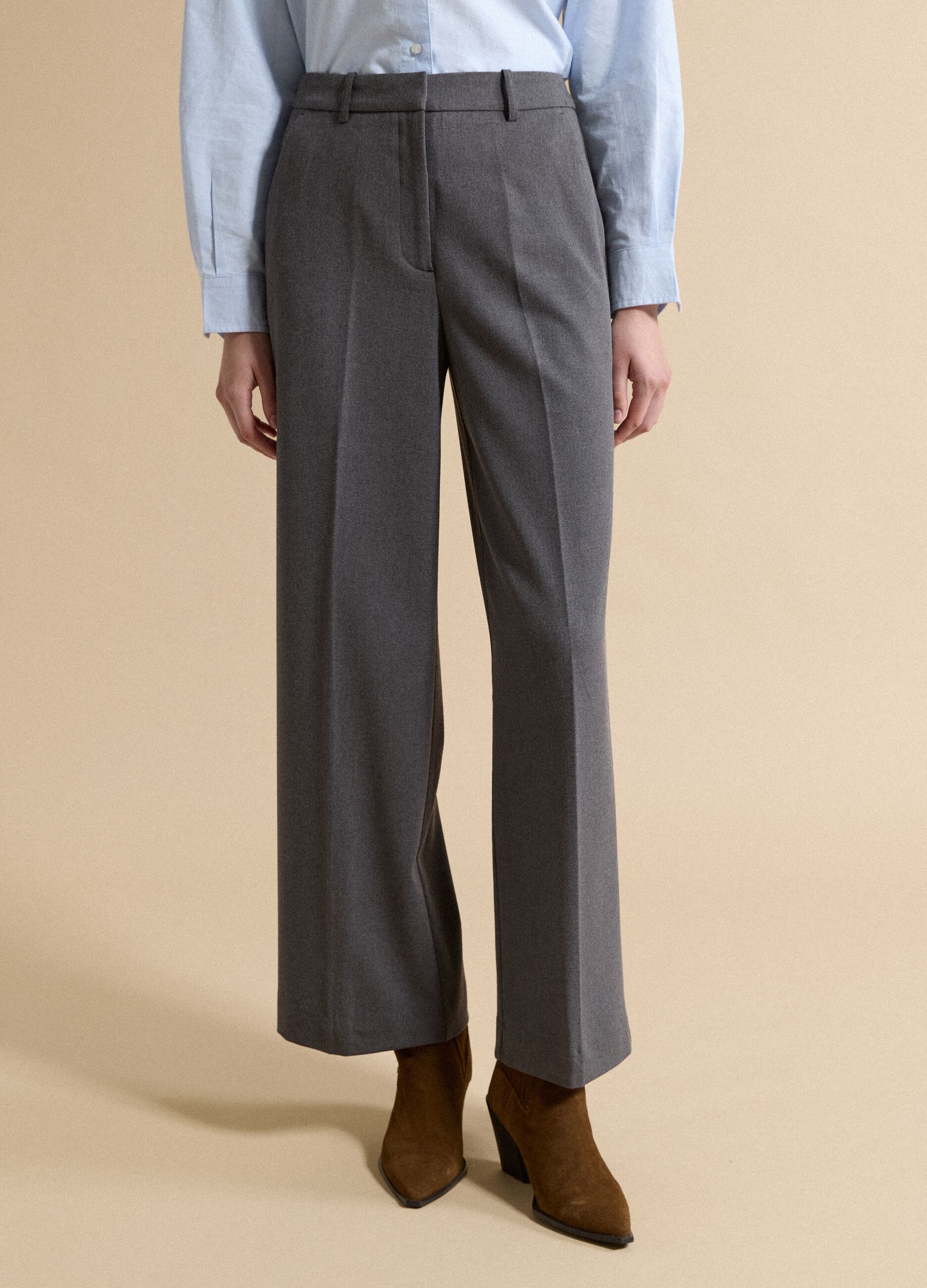 Grey flared formal trousers in stretch viscose