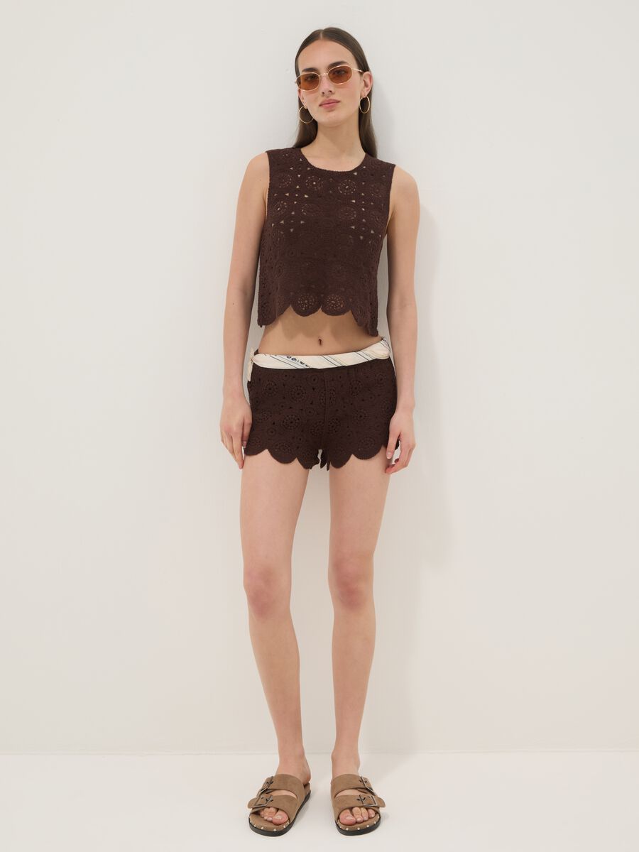 Brown cotton-blend crochet tank top, regular fit_2