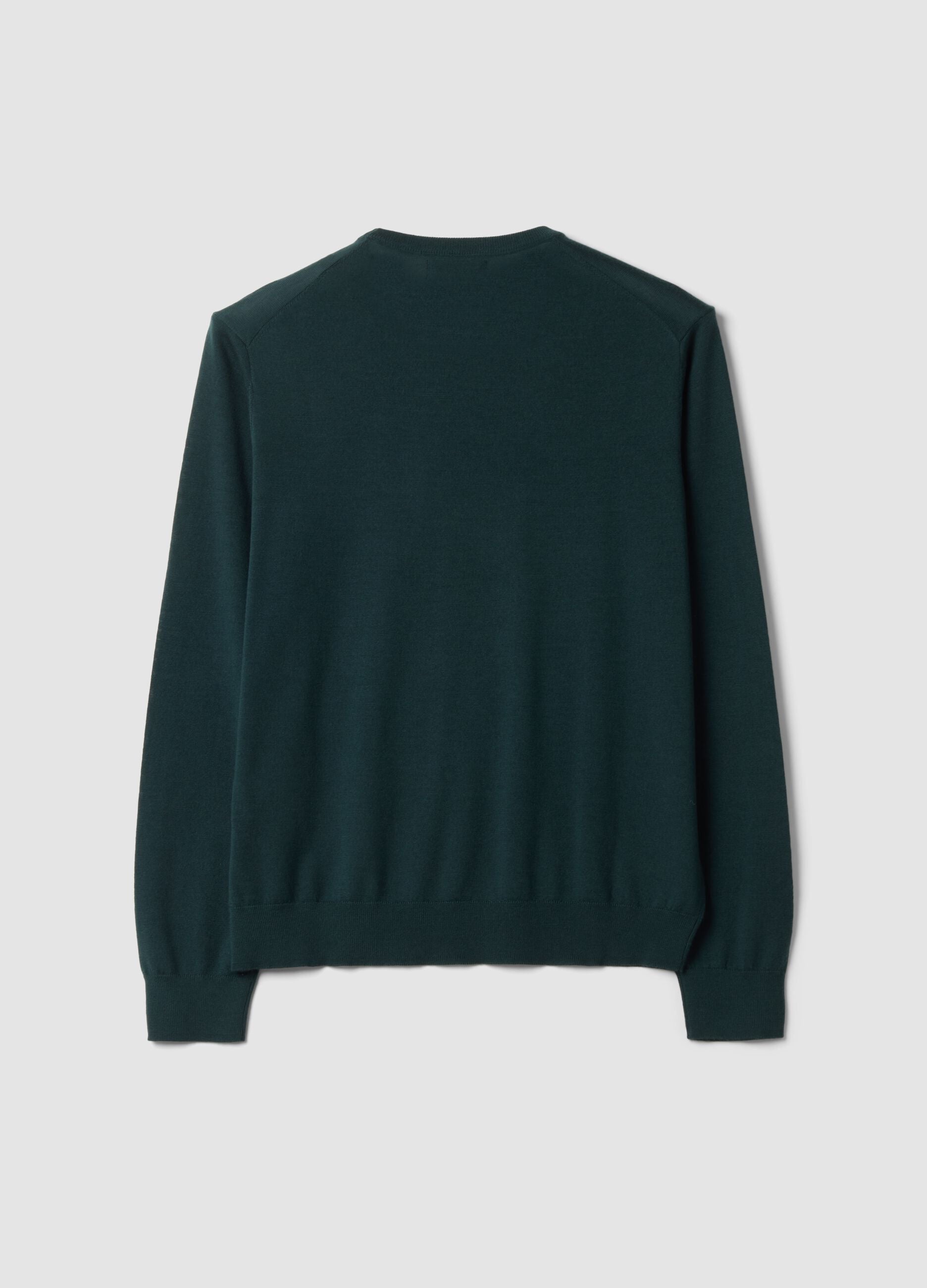 Green pure merino wool crew-neck jumper, regular fit