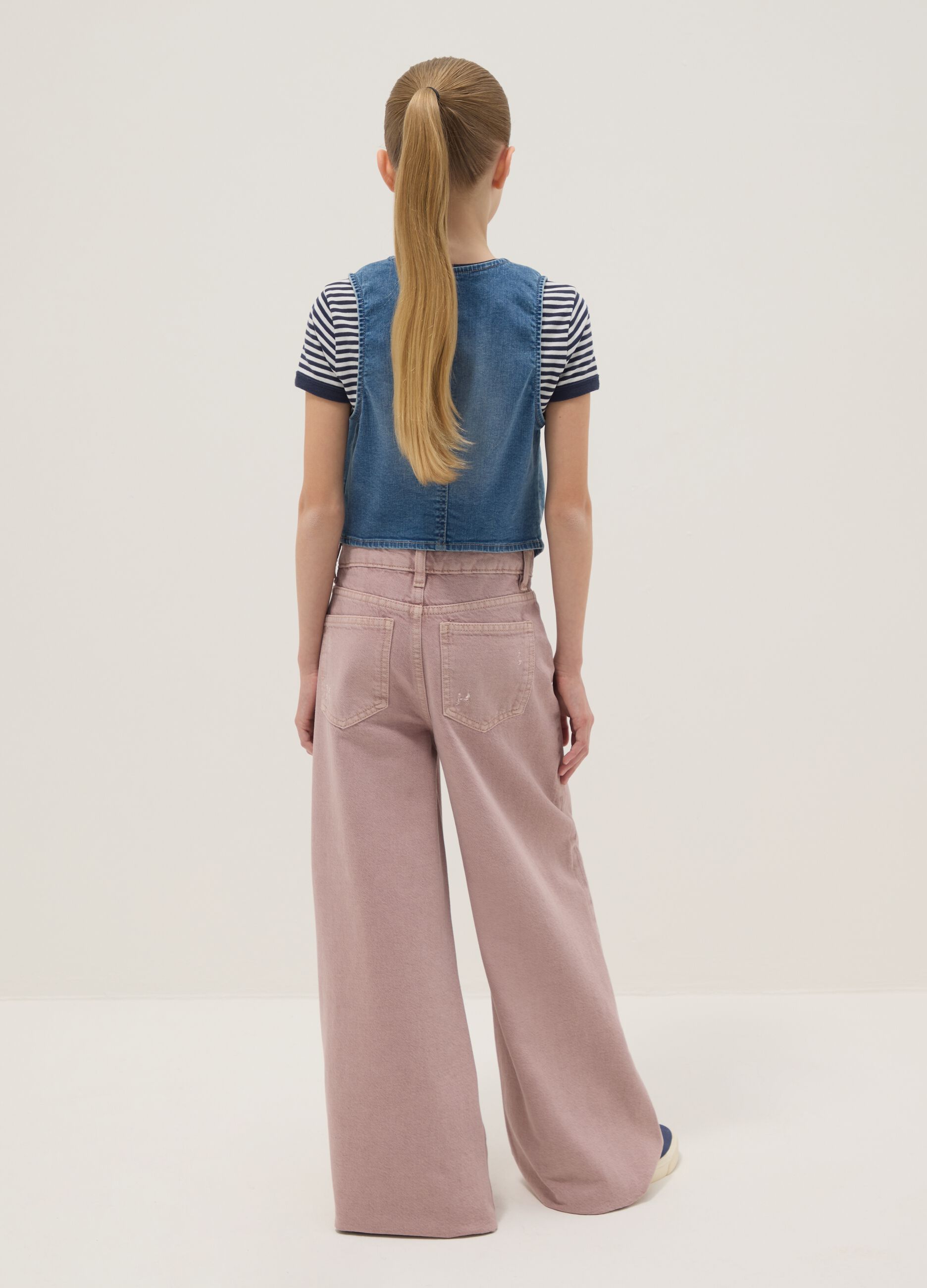 Girls' super wide leg jeans in pure pink cotton denim