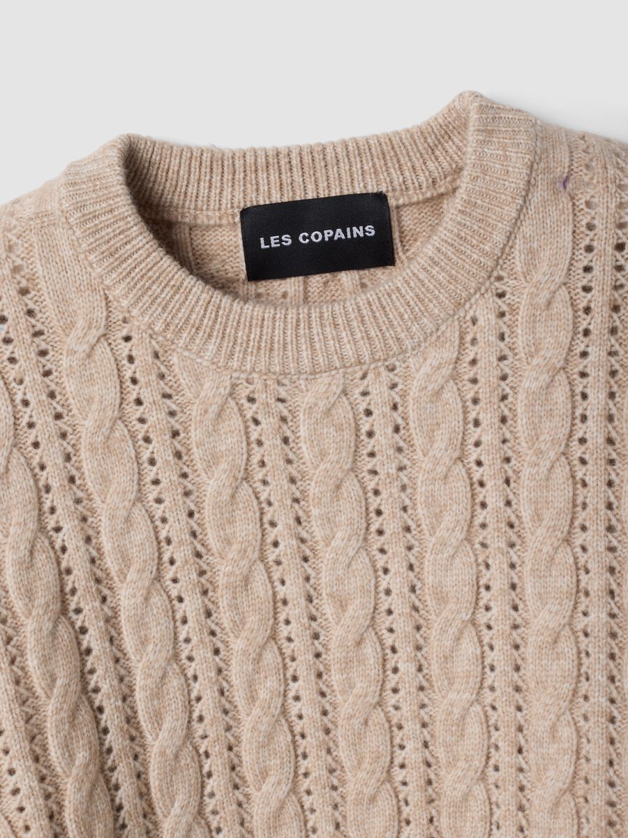 Beige cable-knit wool-blend crew-neck jumper, regular fit_1