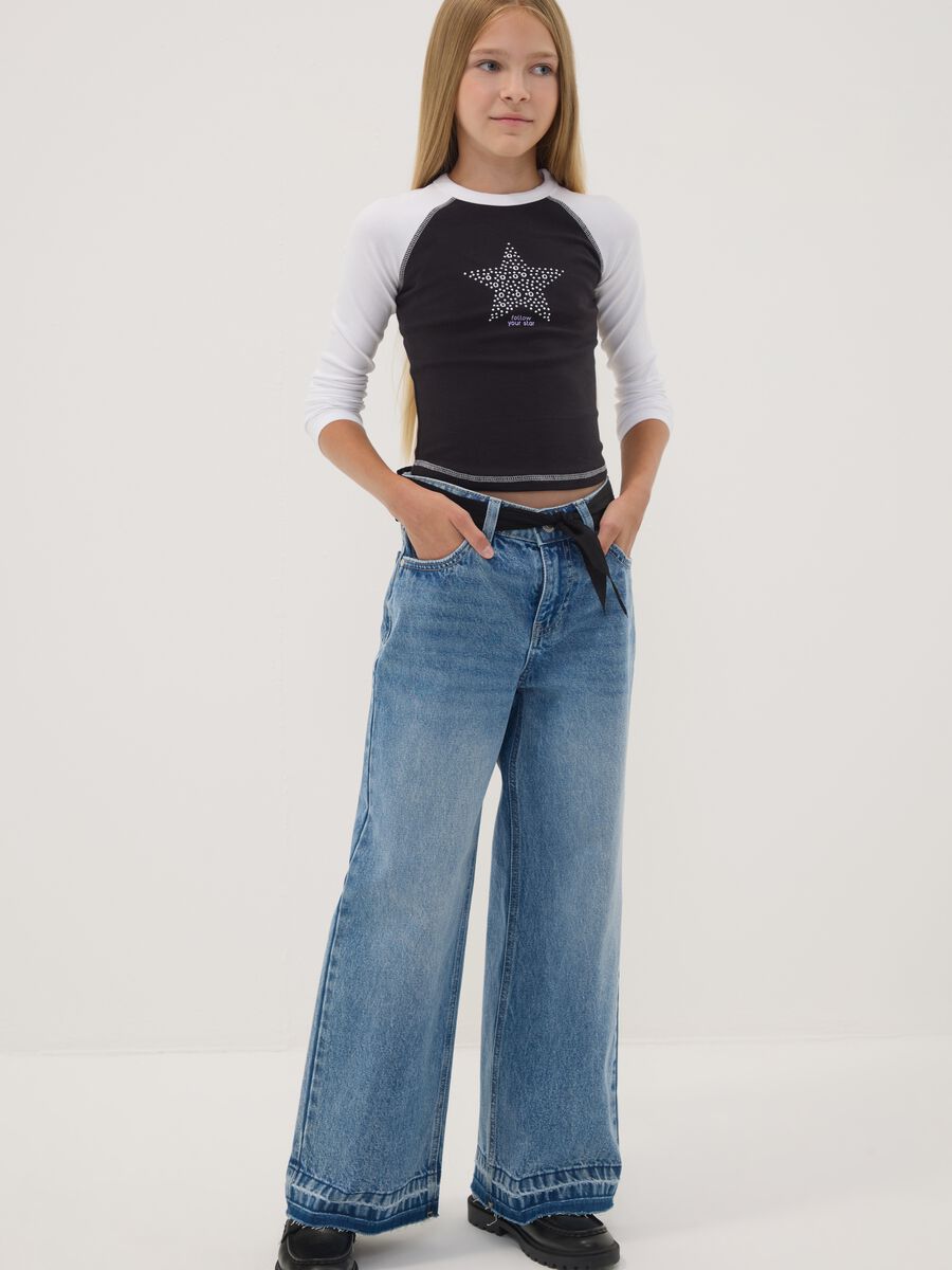 Blue stretch cotton T-shirt with ribbed neckline_1